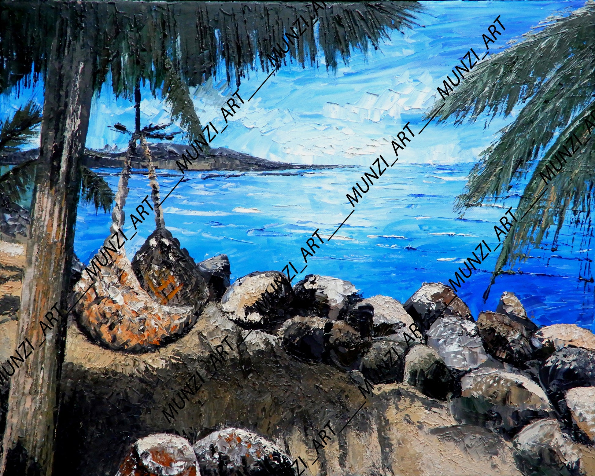 Original painting depicting a tropical scene with a woven hammock under palm fronds, with the ocean and rocks in the background. Blue beach water. Distant sunny horizon.
Wall artwork. Home or office decor. Interior design inspiration. Artwork wall art. 
Art collectors. Beach scenes in Fiji islands