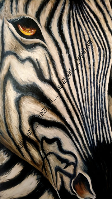 zebra head tiled on the side with golden yellow eye and staring. detailed picture on black and white stripes of the zebra. Painting modern art for home or office decor. 