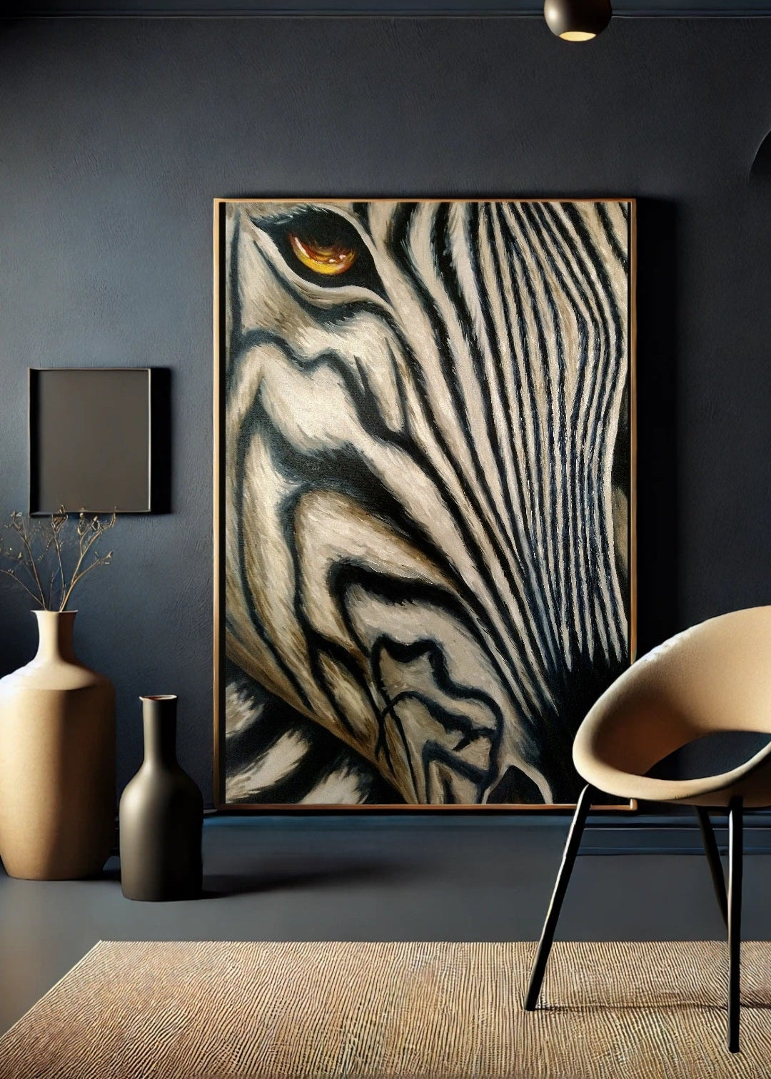 Zebra artwork on a dark wall with decorative vases and a chair in a modern interior setting.