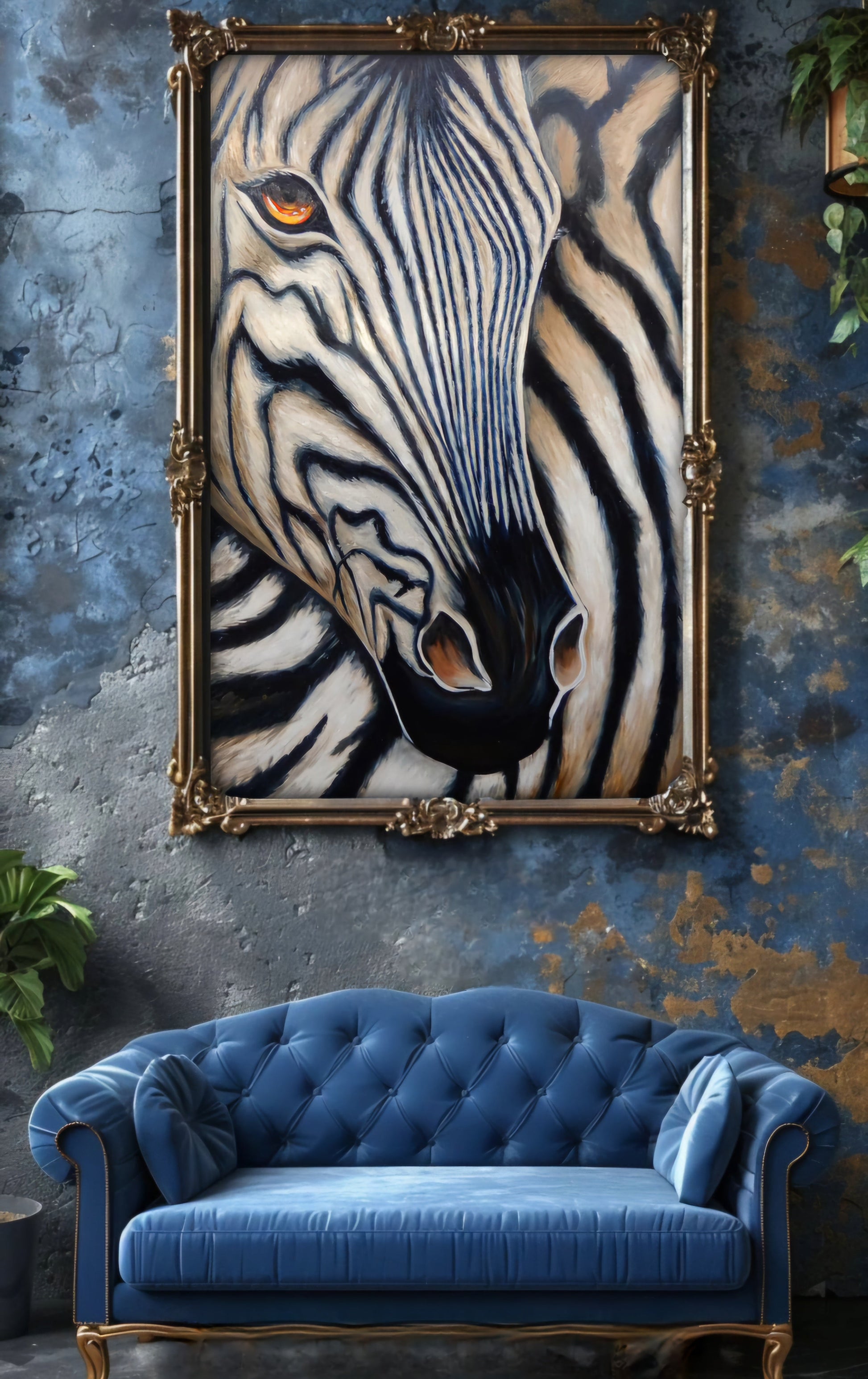 Framed zebra portrait above a blue sofa in a room with textured walls.