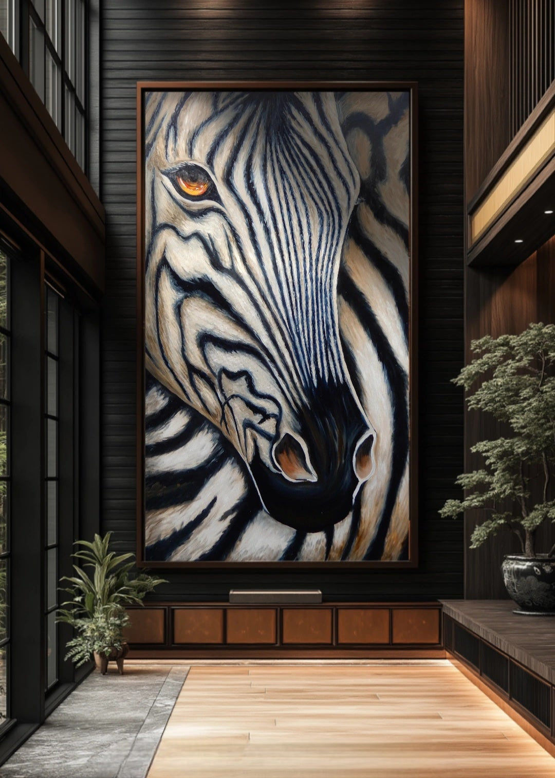 zebra head tiled on the side with golden yellow eye and staring. detailed picture on black and white stripes of the zebra. Painting modern art for home or office decor. 
