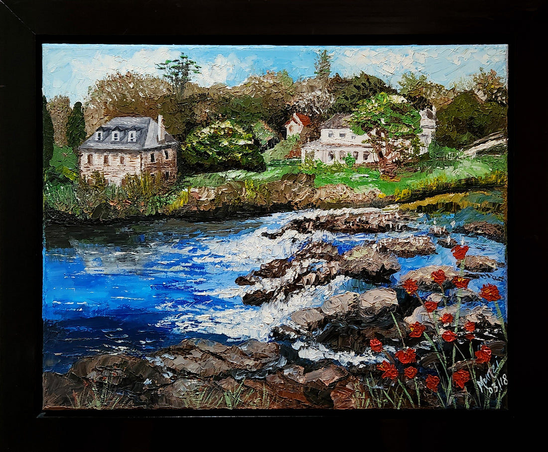 Original painting featuring a vibrant depiction of a riverbank with rocks and flowing water, old European-style buildings in the background, and red flowers in the foreground. Flowing river and red poppies. Wall artwork. Home or office decor. Interior design inspiration. New Zealand town. Artwork wall art. 
Art collectors.