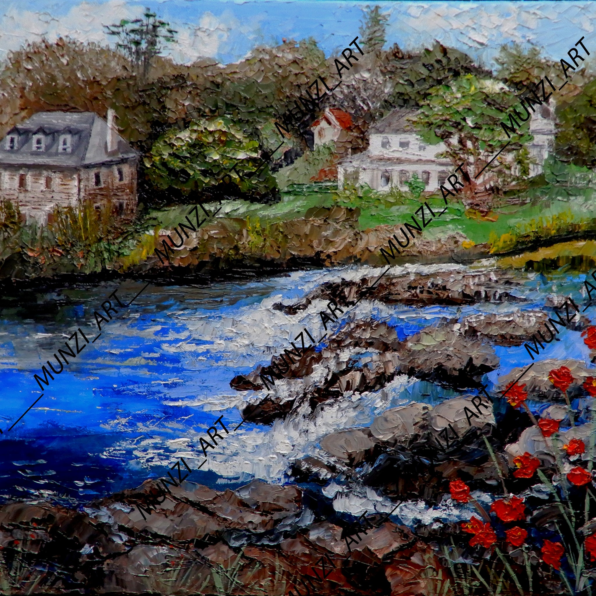 Original painting featuring a vibrant depiction of a riverbank with rocks and flowing water, old European-style buildings in the background, and red flowers in the foreground. Flowing river and red poppies. Wall artwork. Home or office decor. Interior design inspiration. New Zealand town. Artwork wall art. 
Art collectors.