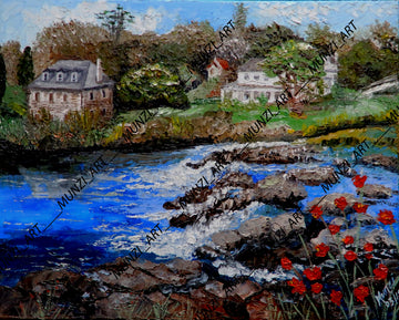 Original painting featuring a vibrant depiction of a riverbank with rocks and flowing water, old European-style buildings in the background, and red flowers in the foreground. Flowing river and red poppies. Wall artwork. Home or office decor. Interior design inspiration. New Zealand town. Artwork wall art. 
Art collectors.