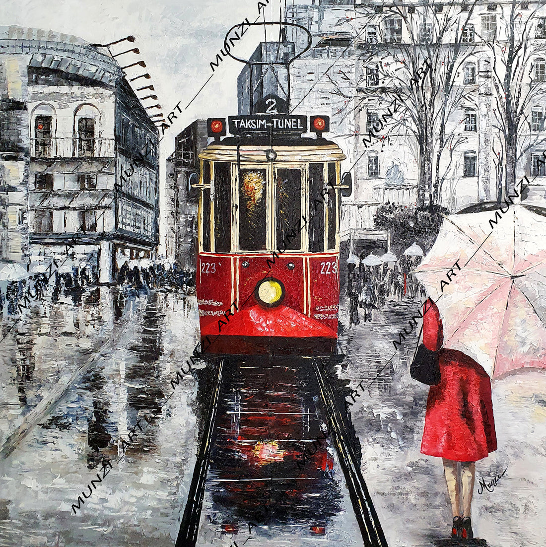A monochrome artwork capturing a rainy night scene at Taksim Square with a red tram and a woman wearing a red coat holding an umbrella. The image has a textured surface and uses a palette knife technique.
