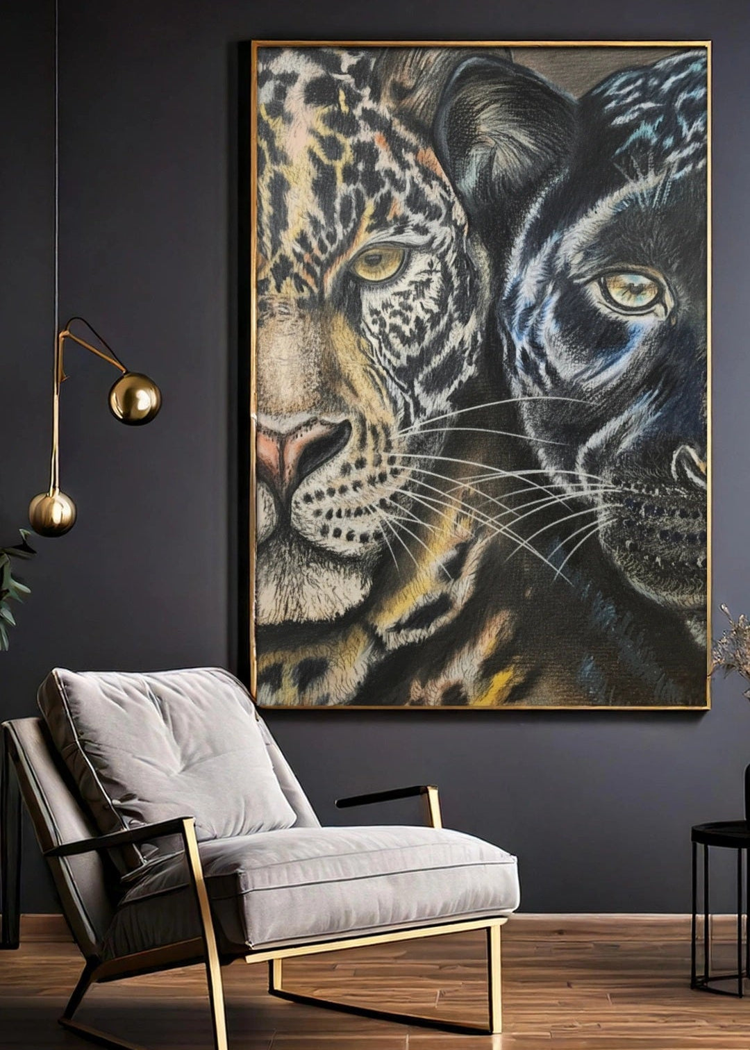 A framed artwork in a study room wall with an office chair and a gold hanging lamp. Pencil drawing of a of a leopard and panther close up. The amazing love connection between the two animals. Original artwork black panther staring eye. Sleek leopard with piercing eyes.