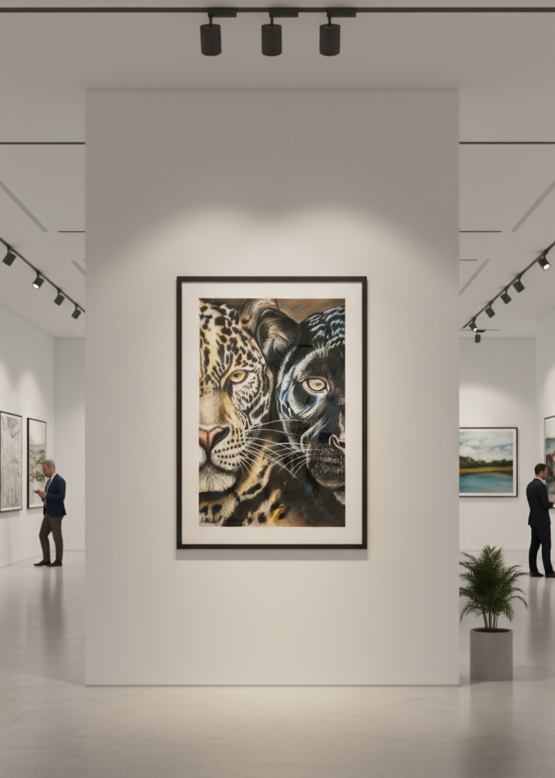 Art gallery with a large framed painting of two leopards on a wall.