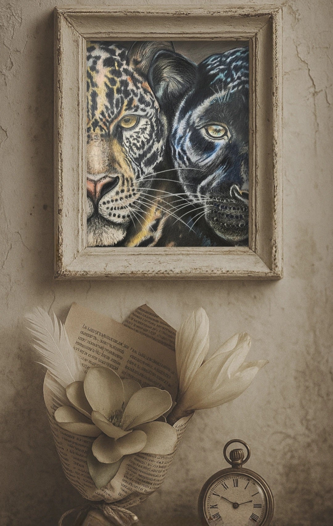 Pencil drawing of a of a leopard and panther close up. The amazing love connection between the two animals. Original artwork black panther staring eye. Sleek leopard with piercing eyes.