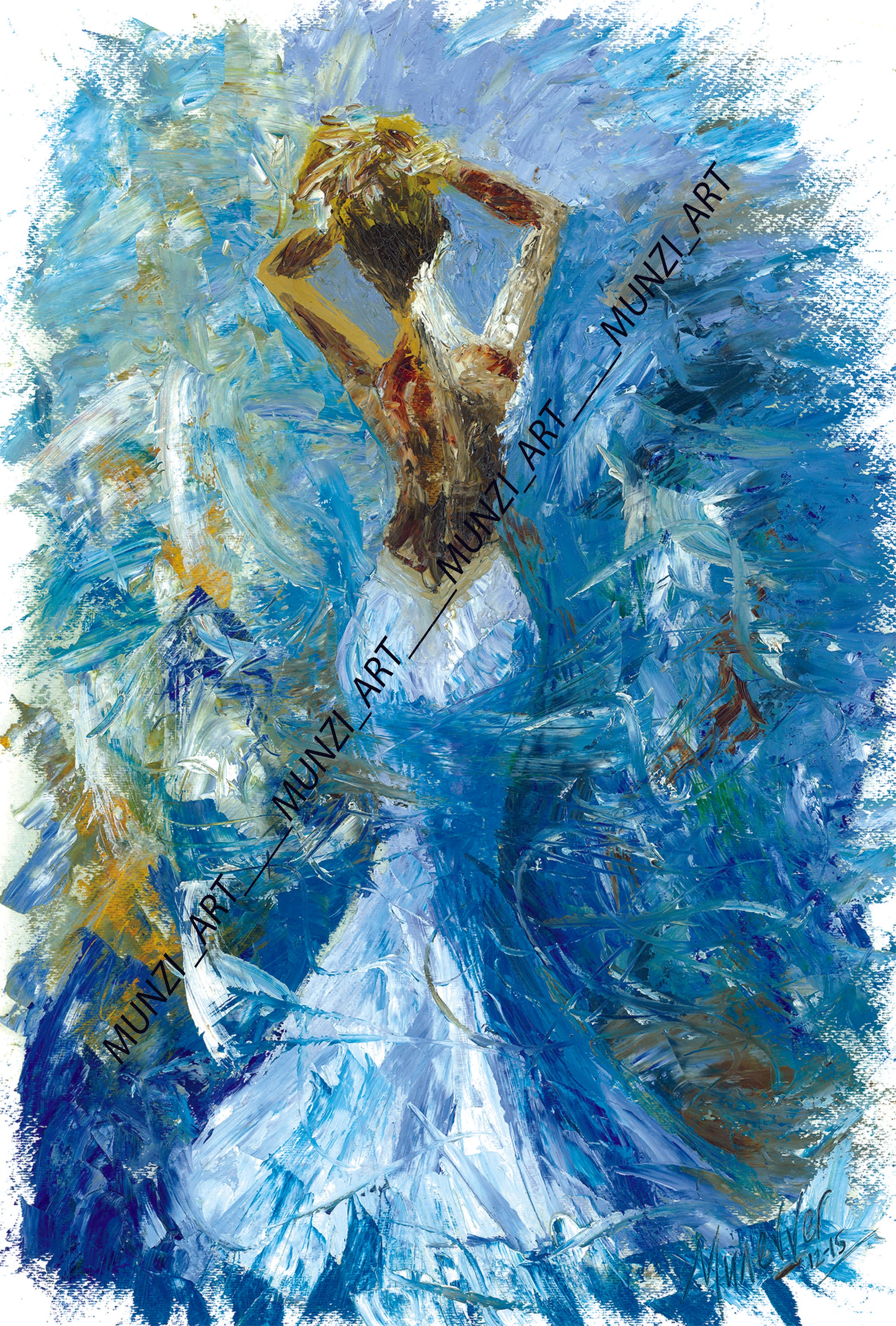 A vibrant piece of artwork featuring a female figure in a flowing open back blue dress, with a background of stormy windswept ocean waves. The colours are predominantly blue and gold, creating a dynamic and emotional scene. Wall artwork, home decor.
