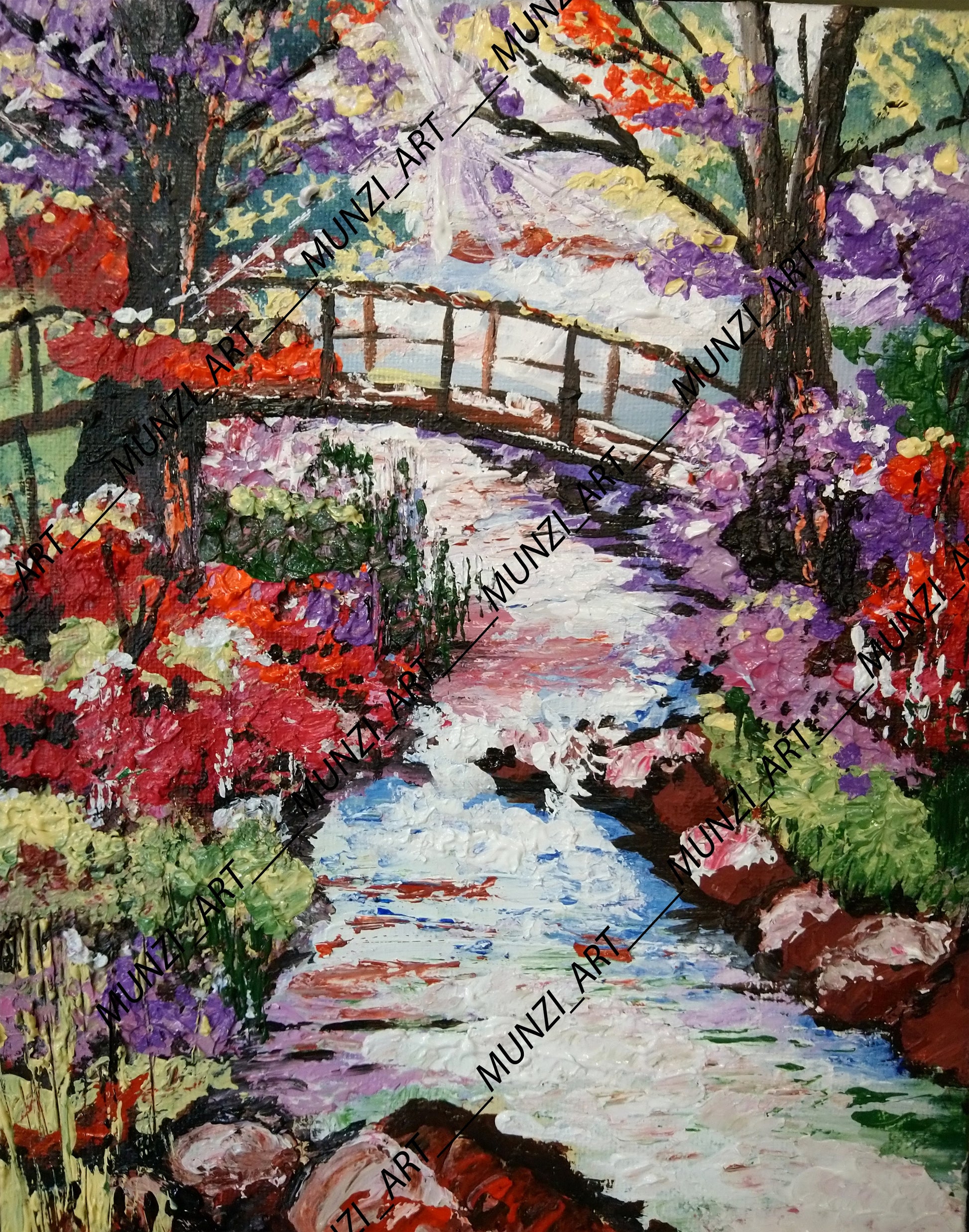 A vibrant artwork featuring abstract landscapes and running water reflections. Purple red pink orange flowers. Wall Art decor for home, office, studio, interior decor. Bridge over river and rocks . Sun shining.