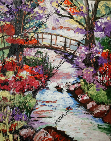 A vibrant artwork featuring abstract landscapes and running water reflections. Purple red pink orange flowers. Wall Art decor for home, office, studio, interior decor. Bridge over river and rocks . Sun shining.