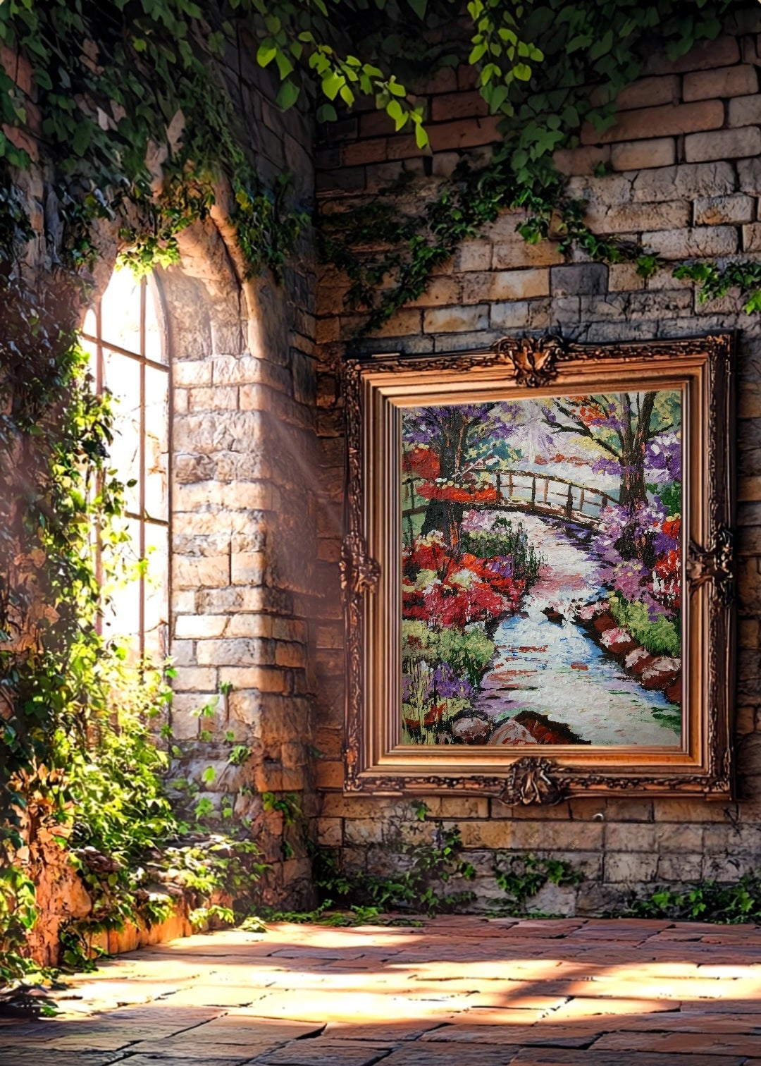 Framed painting of a garden scene on a stone wall with sunlight filtering through. A vibrant artwork featuring abstract landscapes and running water reflections. Purple red pink orange flowers. Wall Art decor for home, office, studio, interior decor. Bridge over river and rocks . Sun shining.