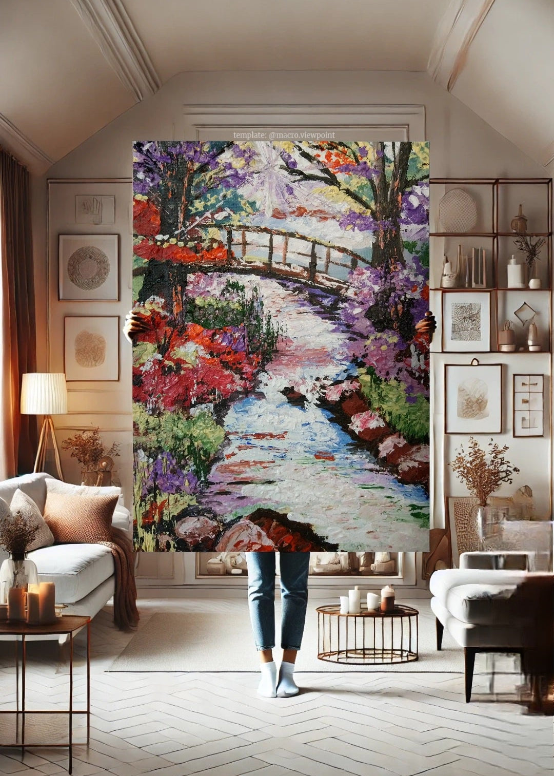 Person standing in a living room with a large colorful painting. A vibrant artwork featuring abstract landscapes and running water reflections. Purple red pink orange flowers. Wall Art decor for home, office, studio, interior decor. Bridge over river and rocks . Sun shining.