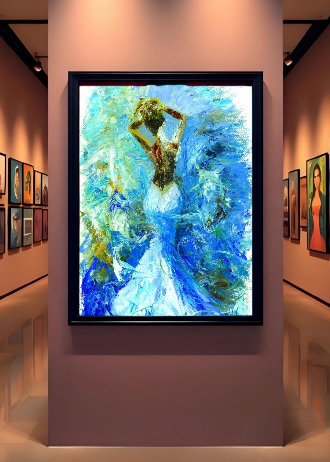 A vibrant piece of artwork featuring a female figure in a flowing open back blue dress, with a background of stormy windswept ocean waves. The colours are predominantly blue and gold, creating a dynamic and emotional scene. Wall artwork, home decor. s on a wall in an art gallery. Set in an art gallery with paintings on the side walls.