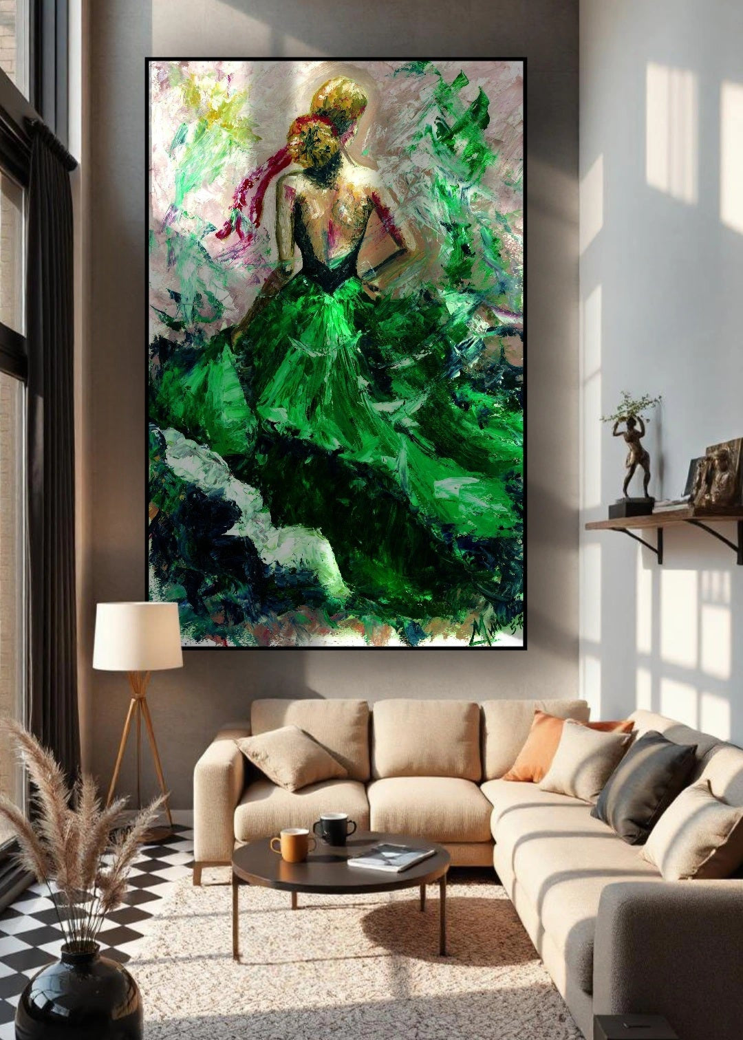 Living room with a large abstract painting of a woman in a green dress, beige sofa, and decorative items and the sun shining through the window.
