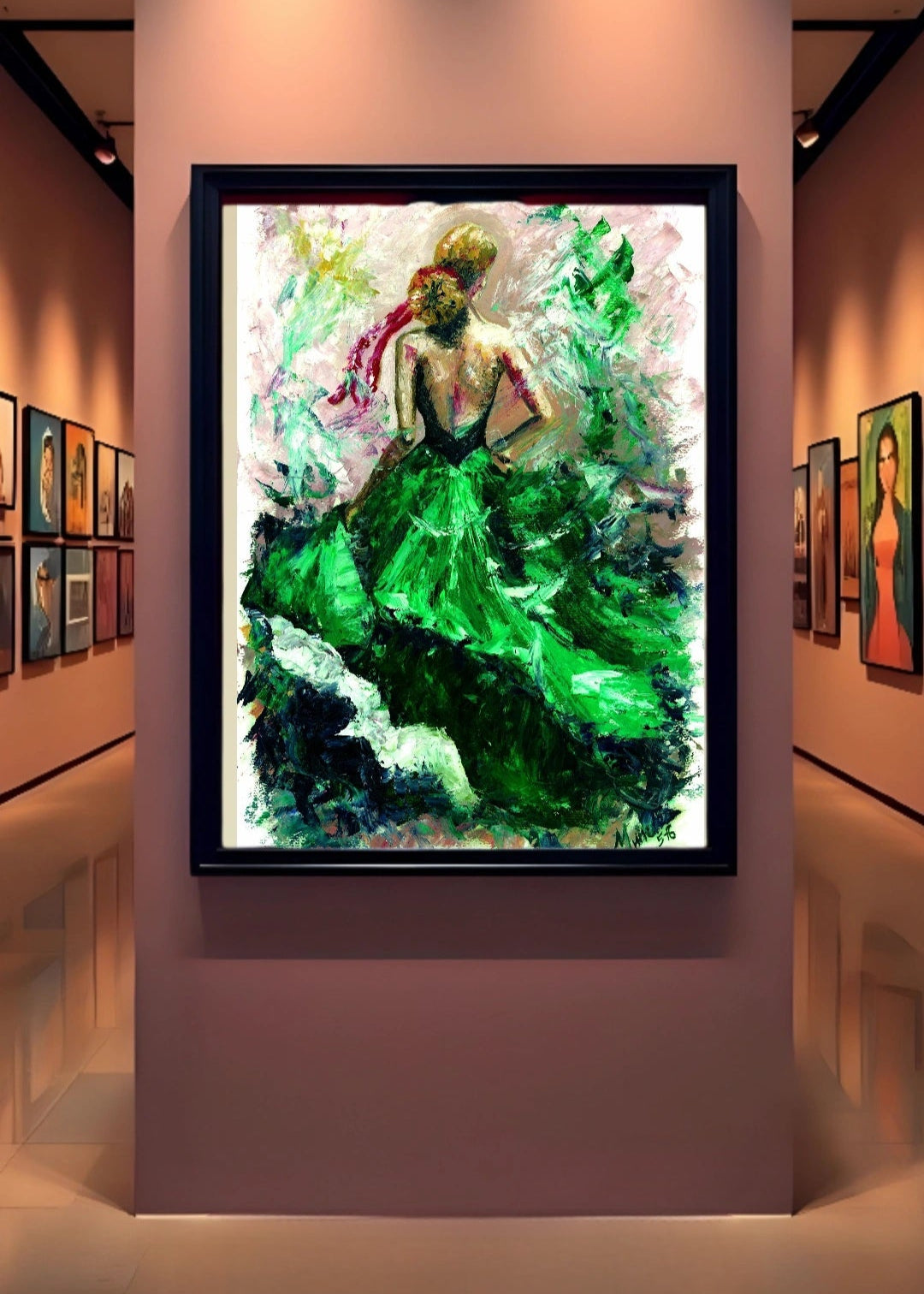 Framed artwork of a woman in a green dress on a wall in an art gallery. Fully lit up with paintings on the side walls.