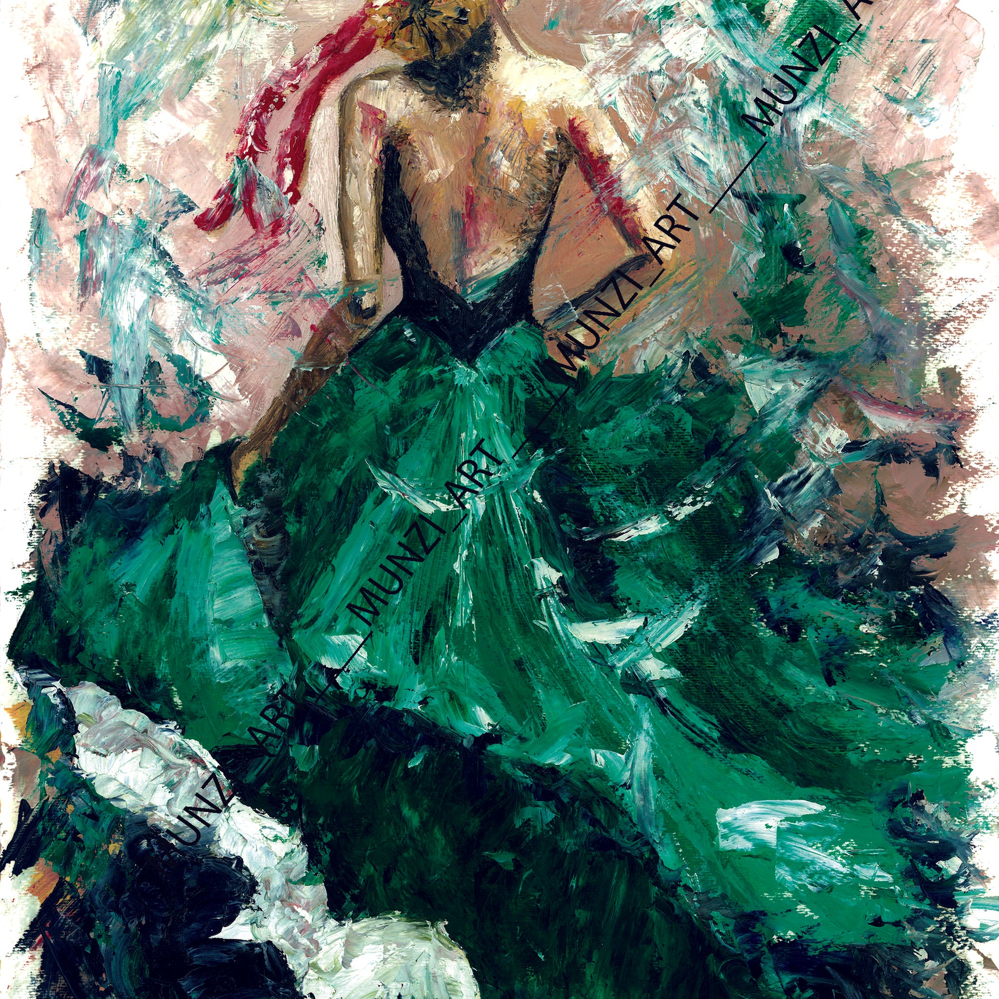 Original artwork depicting a figure in a flowing green open back dress with bold impasto strokes, creating a sense of movement and texture.  Her blonde hair is tied back in a bun with a red ribbon. Artwork home decor.