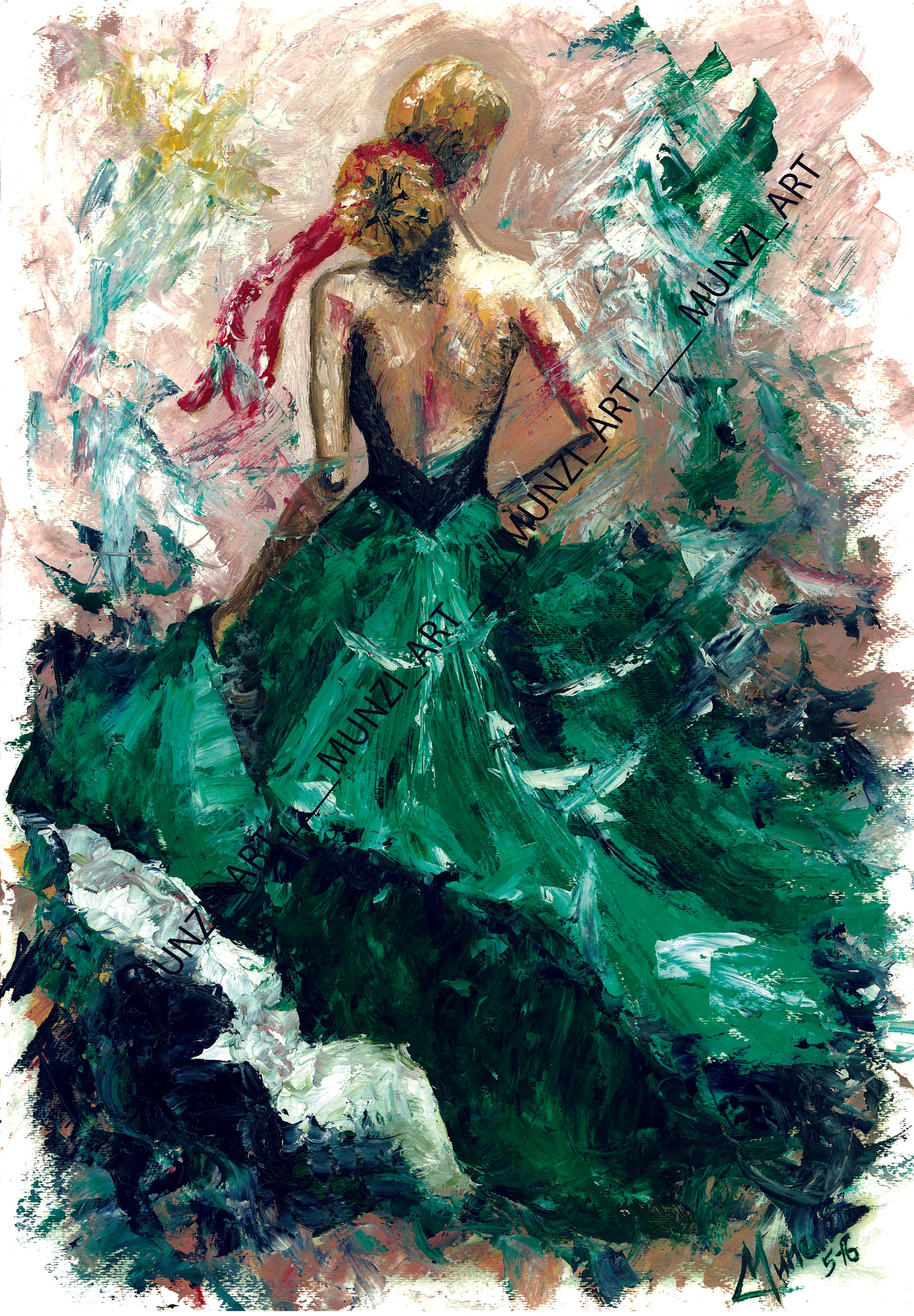 Original artwork depicting a figure in a flowing green open back dress with bold impasto strokes, creating a sense of movement and texture.  Her blonde hair is tied back in a bun with a red ribbon. Artwork home decor.
