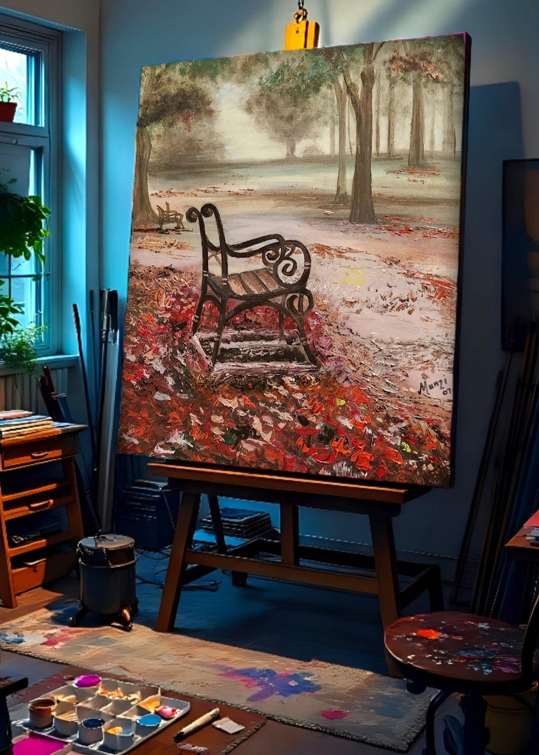 Painting of a bench in a park on an easel in an art studio. A painting featuring an empty bench surrounded by autumn leaves in a forest setting, with a warm, ethereal glow. Red and auburn soft autumn leaves covering the forest floor. Original fine artwork. Wall decor. Interior design and decorations for home office studio, cafe. Artwork modern art. Misty fog in the distance