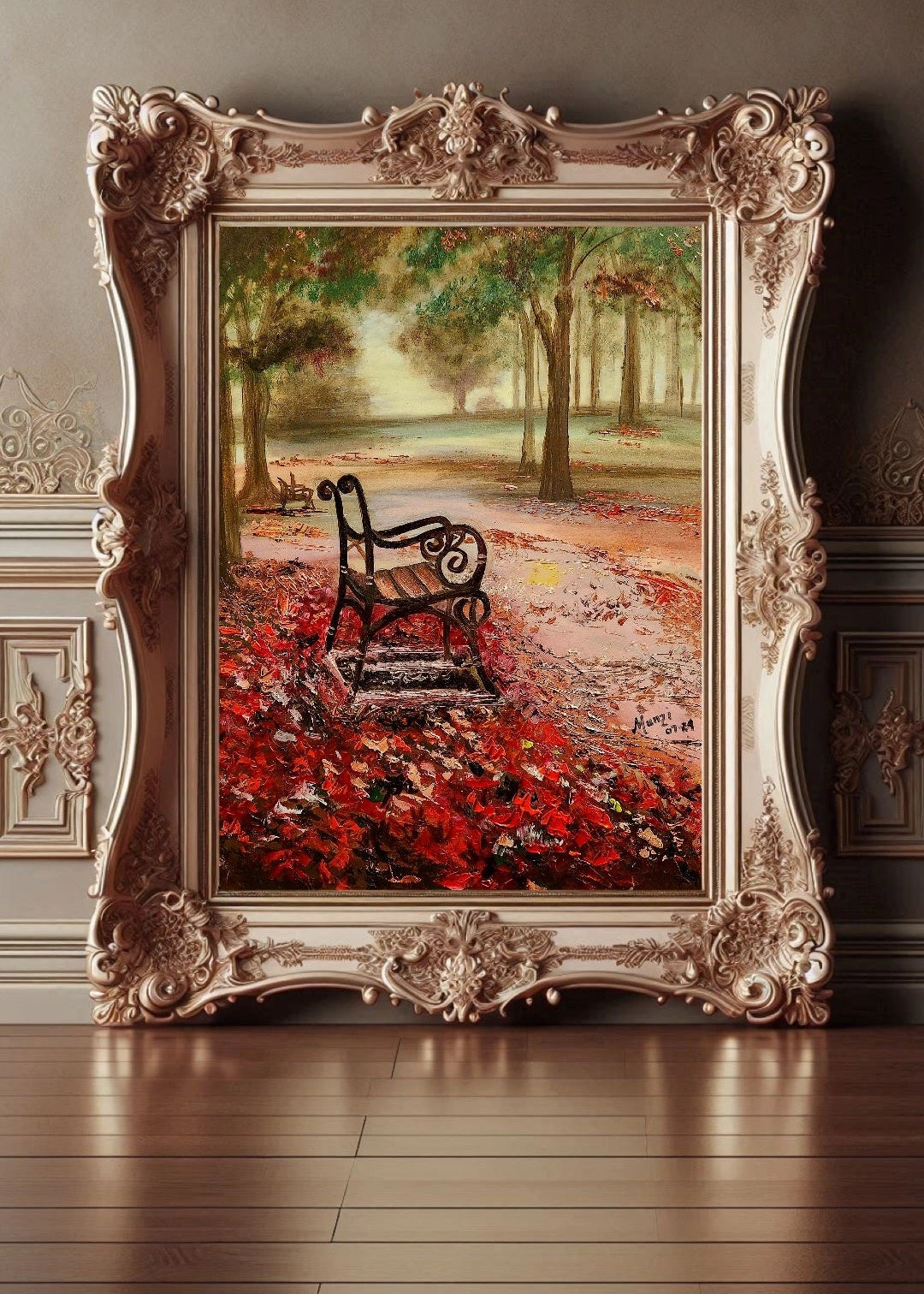Decorative painting of a bench in a forest with an ornate frame on a wooden floor.
A painting featuring an empty bench surrounded by autumn leaves in a forest setting, with a warm, ethereal glow. Red and auburn soft autumn leaves covering the forest floor. Original fine artwork. Wall decor. Interior design and decorations for home office studio, cafe. Artwork modern art. Misty fog in the distance