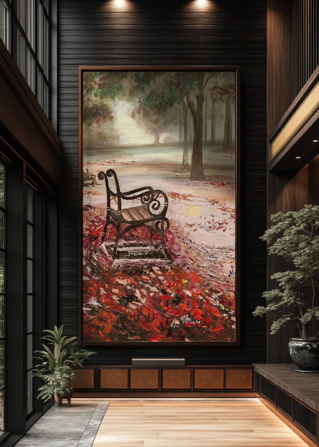 Decorative painting of a bench in a park on a wall in a modern interior setting. A painting featuring an empty bench surrounded by autumn leaves in a forest setting, with a warm, ethereal glow. Red and auburn soft autumn leaves covering the forest floor. Original fine artwork. Wall decor. Interior design and decorations for home office studio, cafe. Artwork modern art. Misty fog in the distance