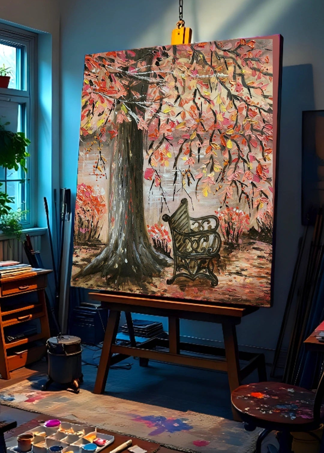 Art studio with a large painting of a tree and bench on an easel. A painting featuring an empty bench under a lonely tree stump with overhanging autumn leaves branches with a flowing river in the background. Original fine artwork. Wall decor. Interior design and decorations for home office studio, cafe. Artwork modern art.