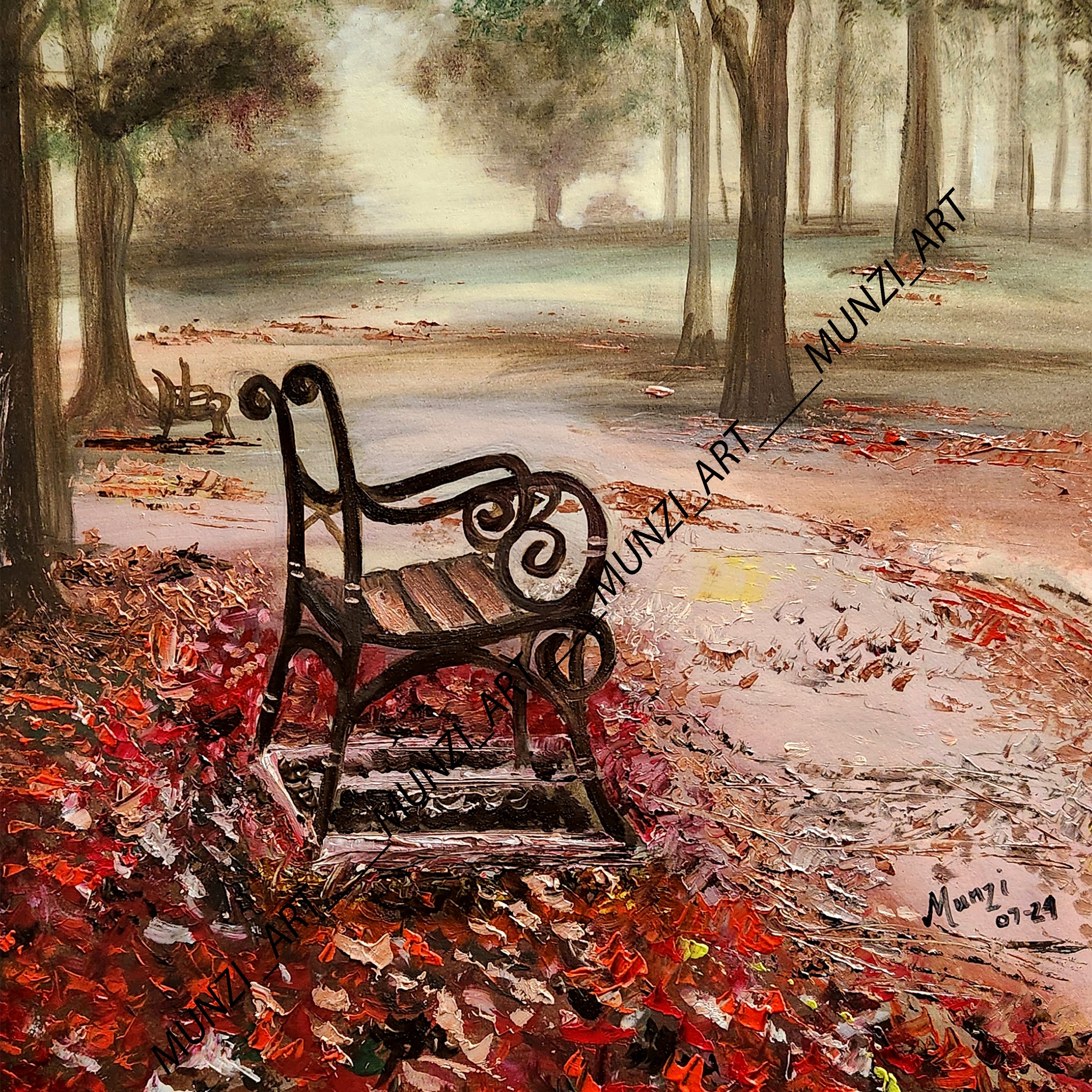 A painting featuring an empty bench surrounded by autumn leaves in a forest setting, with a warm, ethereal glow. Red and auburn soft autumn leaves covering the forest floor. Original fine artwork. Wall decor. Interior design and decorations for home office studio, cafe. Artwork modern art. Misty fog in the distance