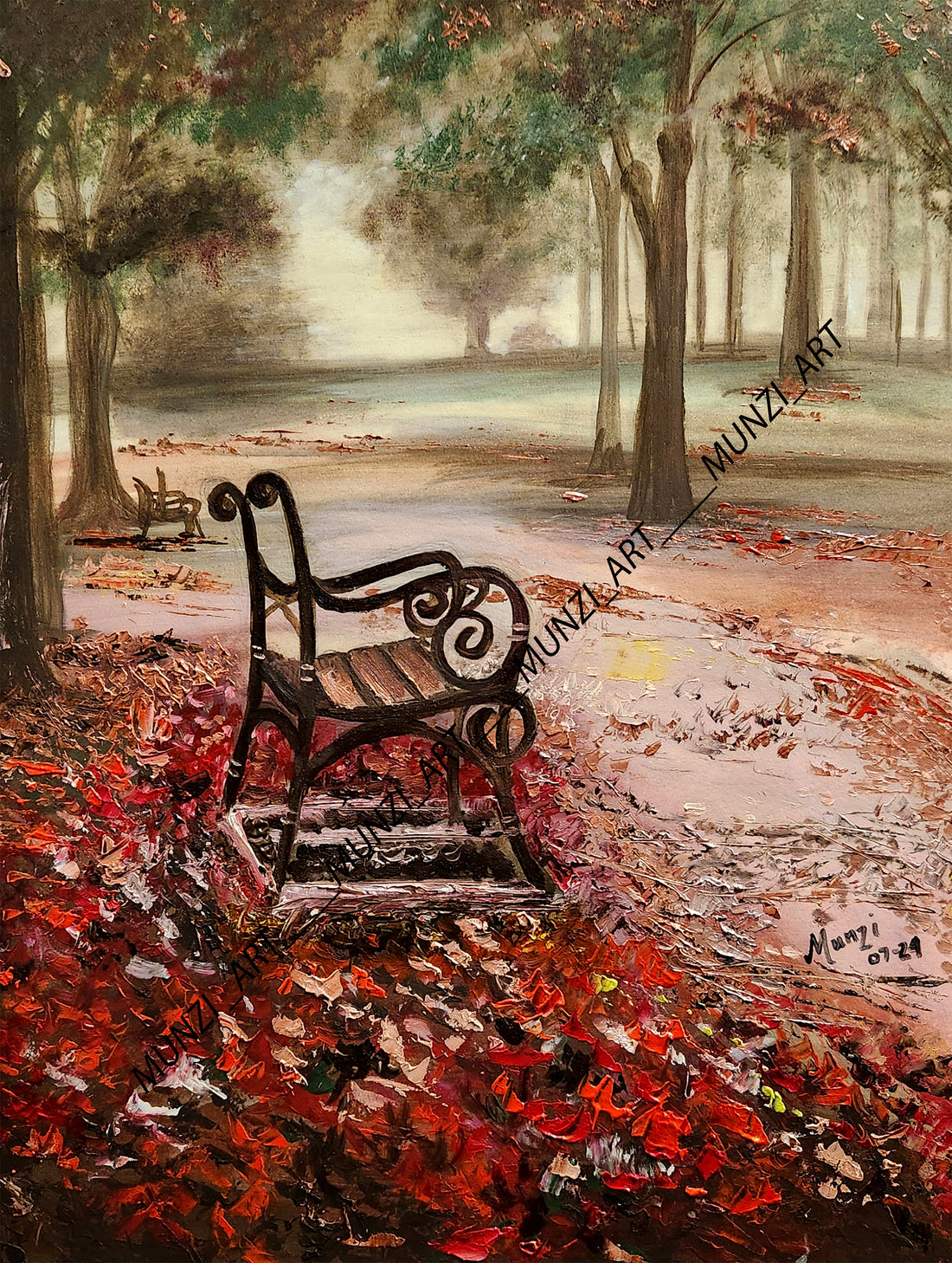 A painting featuring an empty bench surrounded by autumn leaves in a forest setting, with a warm, ethereal glow. Red and auburn soft autumn leaves covering the forest floor. Original fine artwork. Wall decor. Interior design and decorations for home office studio, cafe. Artwork modern art. Misty fog in the distance