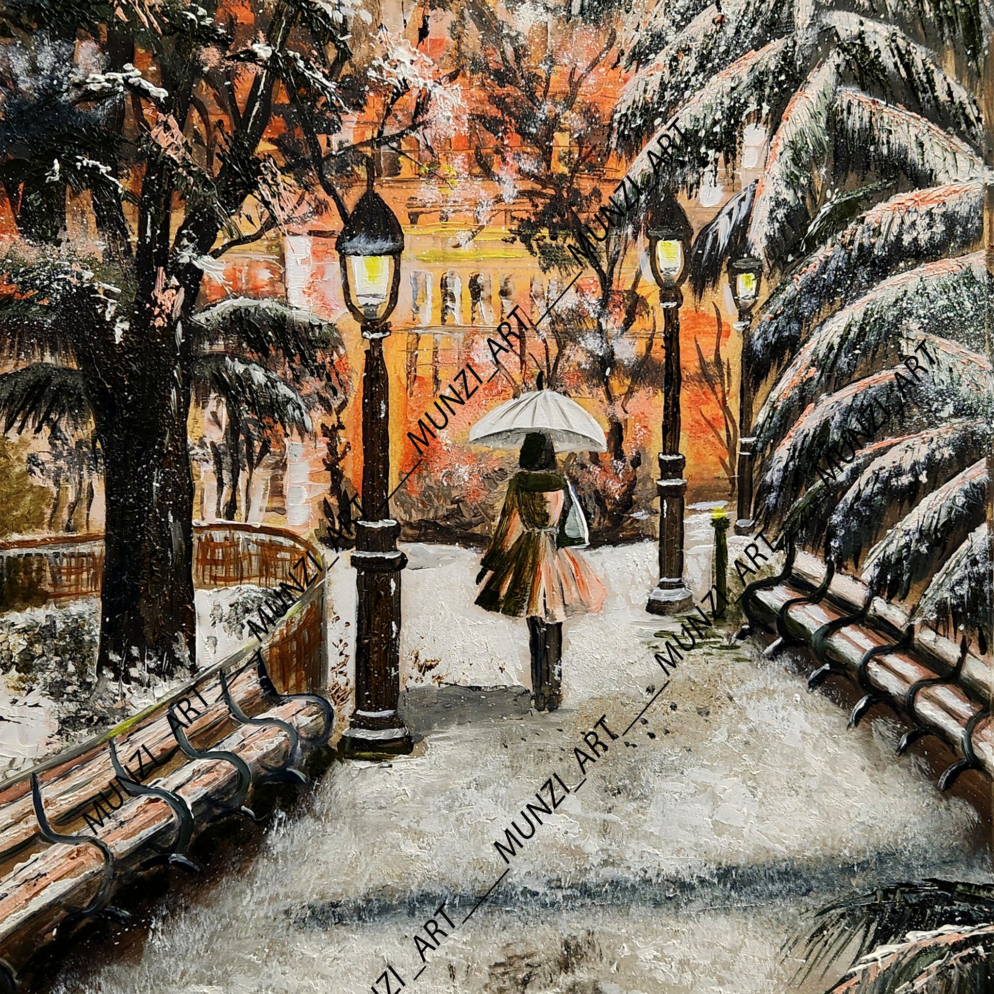 Original artwork showing a walking through a snow-covered park with lamp posts and a warm glow in the background. Park benches covered with snow. Winter warmth. Artwork interior decor, home, office, studio, realism painting. Snow falling on tree branches. Orange lights warming the background
