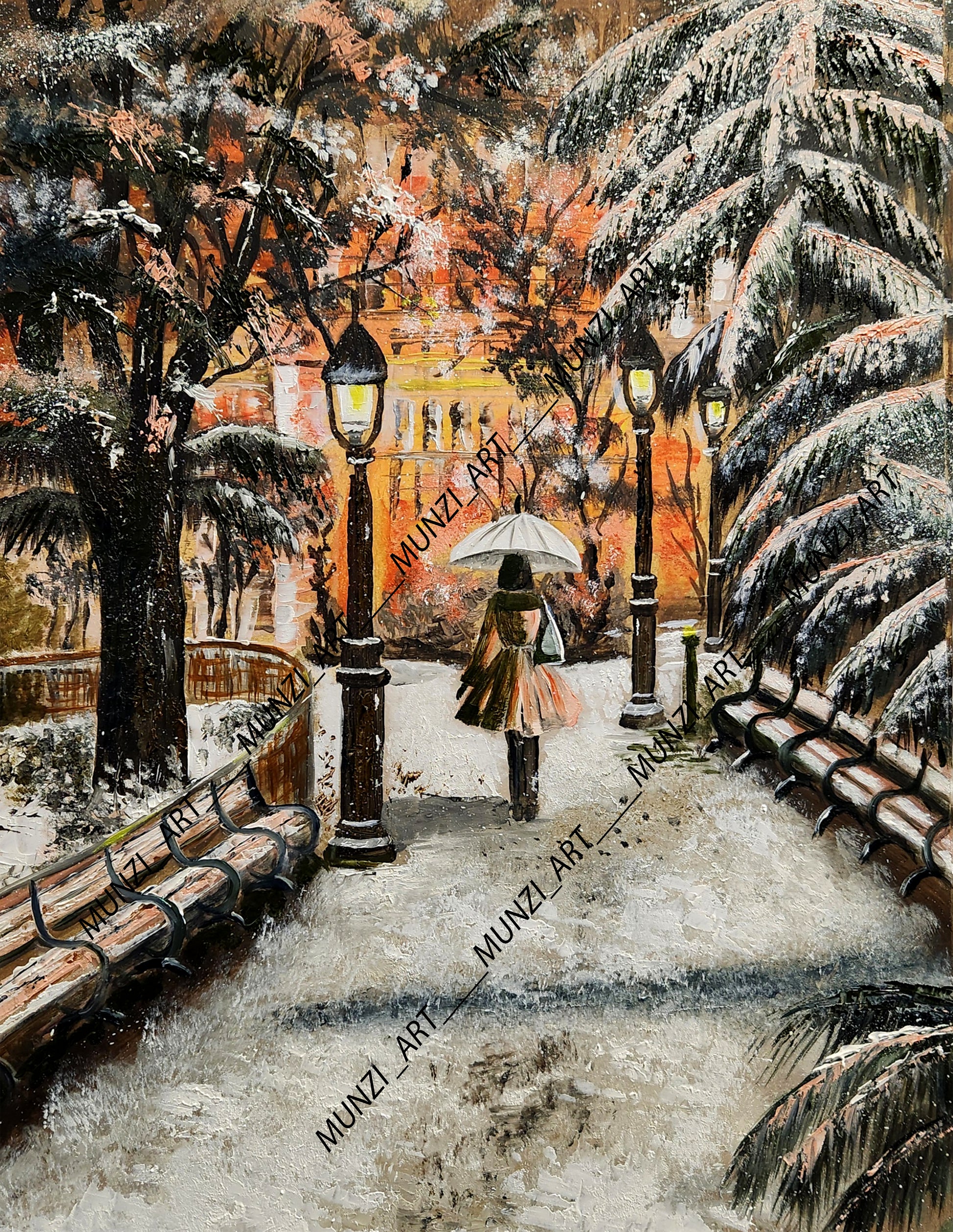 Original artwork showing a walking through a snow-covered park with lamp posts and a warm glow in the background. Park benches covered with snow. Winter warmth. Artwork interior decor, home, office, studio, realism painting. Snow falling on tree branches. Orange lights warming the background