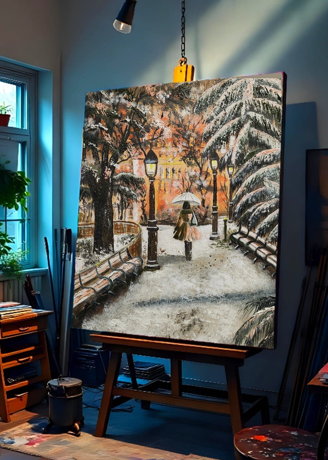 Original artwork showing a walking through a snow-covered park with lamp posts and a warm glow in the background. Park benches covered with snow. Winter warmth. Artwork interior decor, home, office, studio, realism painting. Snow falling on tree branches. Orange lights warming the background
