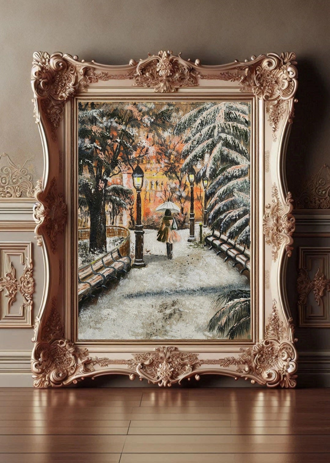 Decorative painting in an ornate frame on a wall.
Original artwork showing a walking through a snow-covered park with lamp posts and a warm glow in the background. Park benches covered with snow. Winter warmth. Artwork interior decor, home, office, studio, realism painting. Snow falling on tree branches. Orange lights warming the background