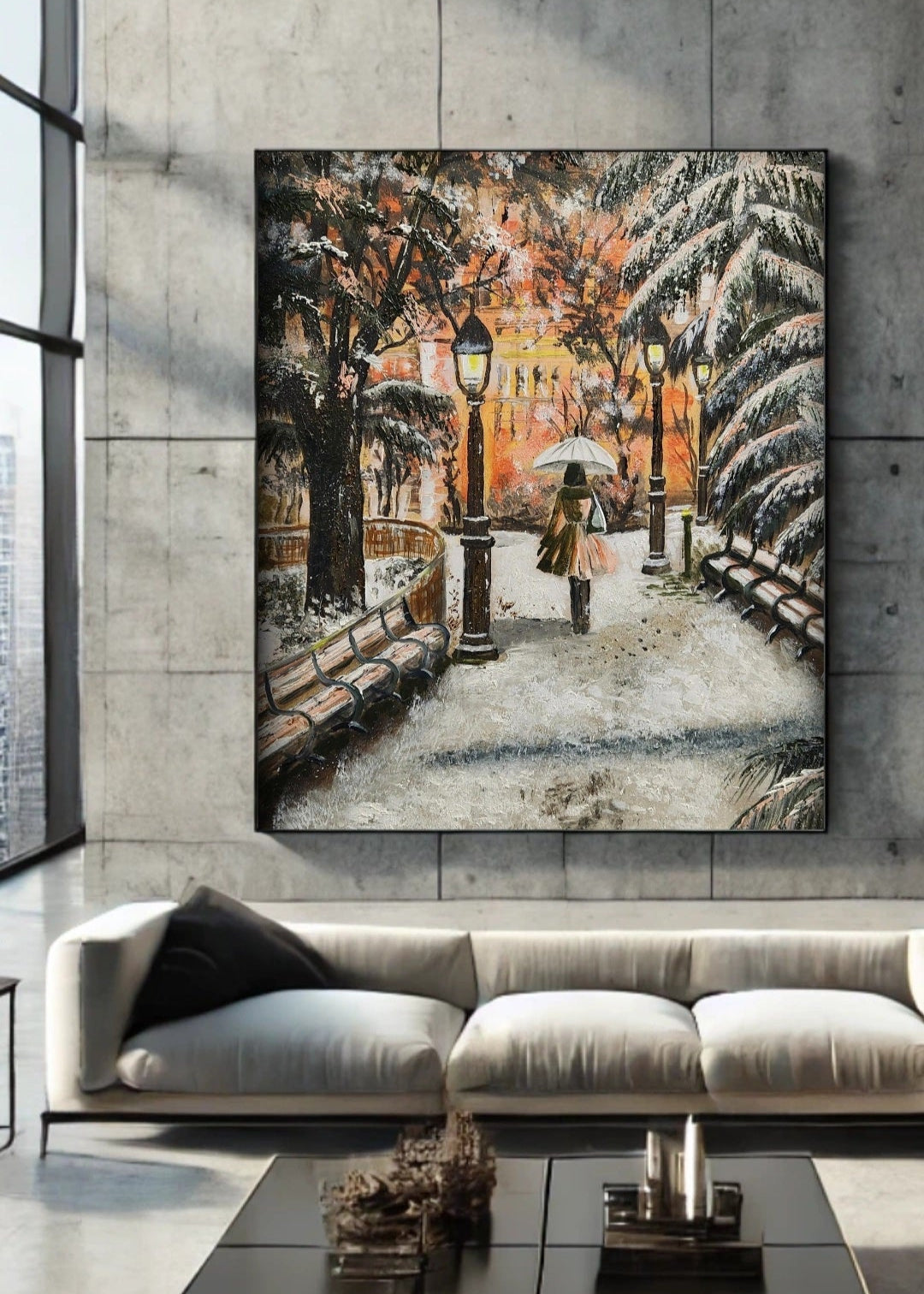 Original artwork showing a walking through a snow-covered park with lamp posts and a warm glow in the background. Park benches covered with snow. Winter warmth. Artwork interior decor, home, office, studio, realism painting. Snow falling on tree branches. Orange lights warming the background