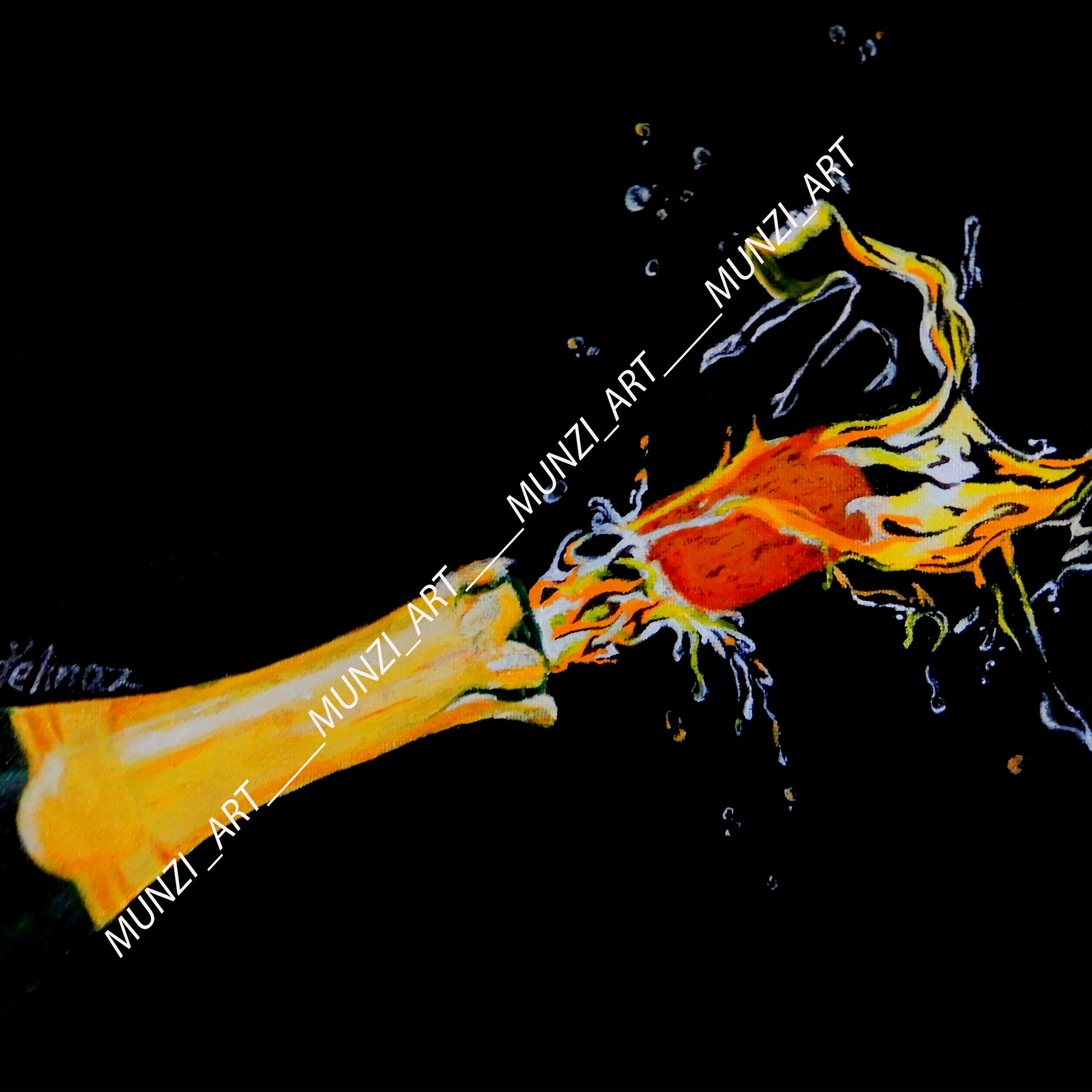 Original artwork of a champagne pottle popping the cork and golden hues of champagne coming out which then takes the shape of a female form diving through with champagne. Art decor wall art. Modern decorations.