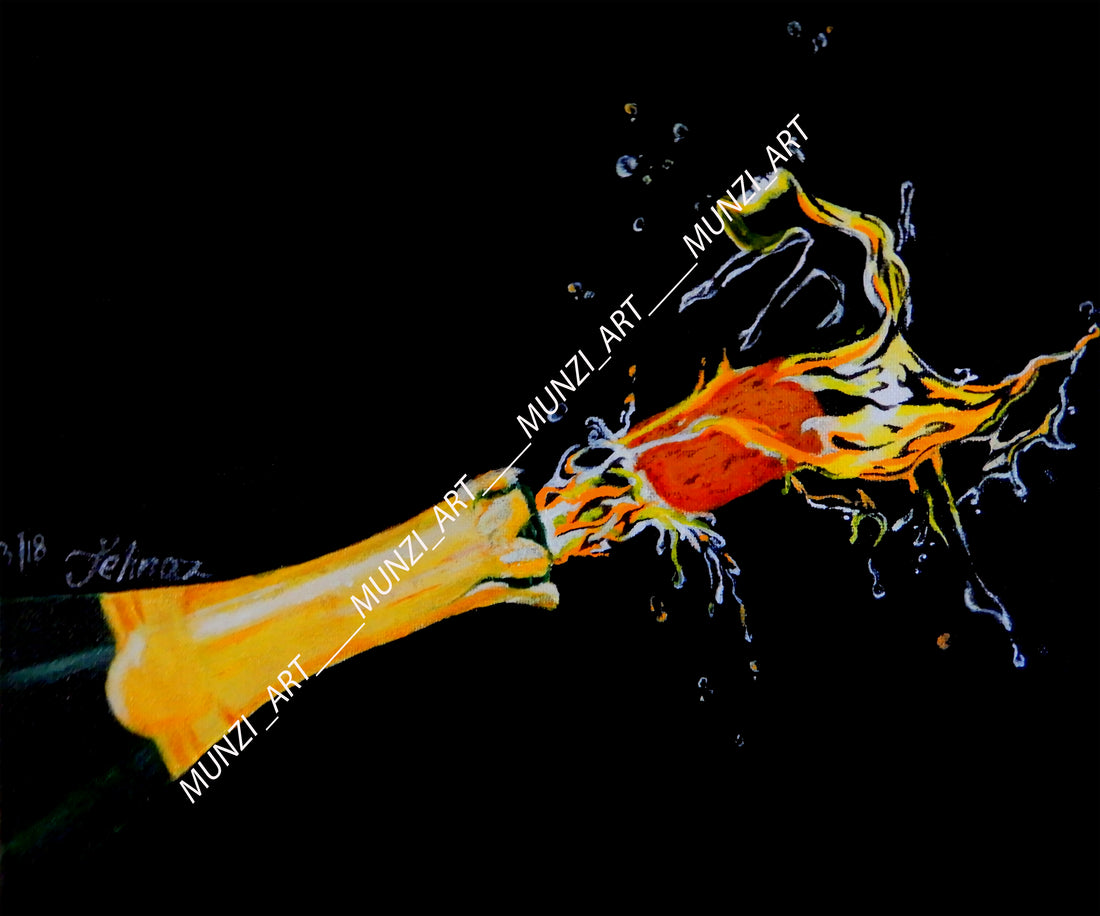 Original artwork of a champagne pottle popping the cork and golden hues of champagne coming out which then takes the shape of a female form diving through with champagne. Art decor wall art. Modern decorations.