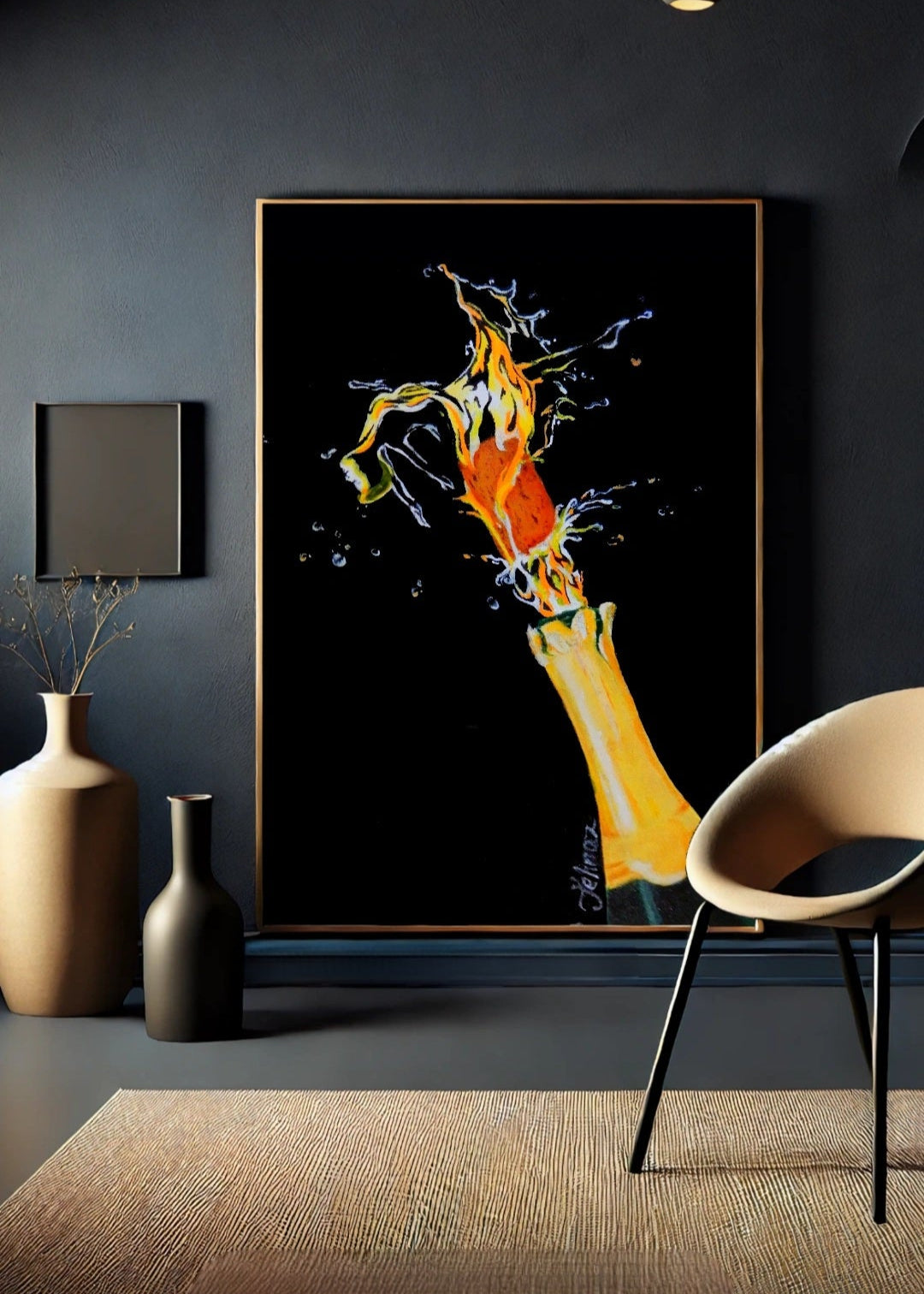 Original artwork of a champagne pottle popping the cork and golden hues of champagne coming out which then takes the shape of a female form diving through with champagne. Art decor wall art. Modern decorations.