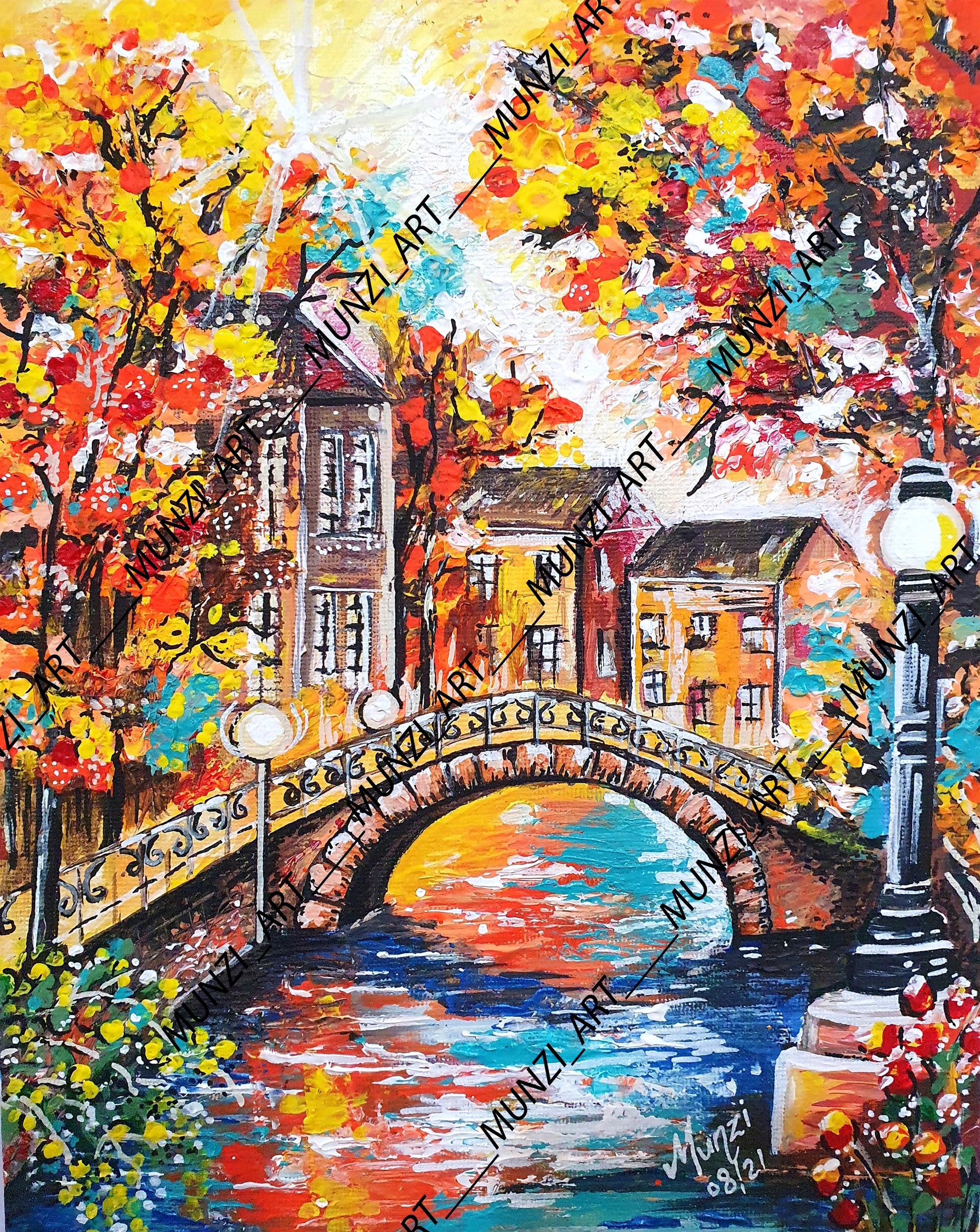 a vibrant colorful old city scene and landscape scene. A bridge over running water with reflections. Vintage building old charm. 
Abstract landscapes. Warm tress leaves branch. Wall Art decor for home, office, studio, interior decor. Bridge over river and rocks. Sun shining. Abstract modern artwork. rooftops, houses, towns, neighbors
