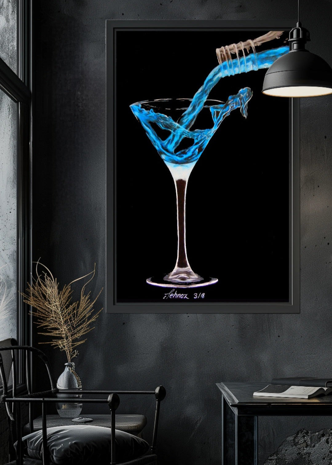 Framed artwork of a blue liquid being poured into a martini glass on a dark wall. Original artwork of a martini glass with blue drink pouring from the bottle. As the drink splashes into the glass, it reveals a womans body arising from the glass mimicking the alcoholic drink. Modern decor artwork. Home or office decorations.