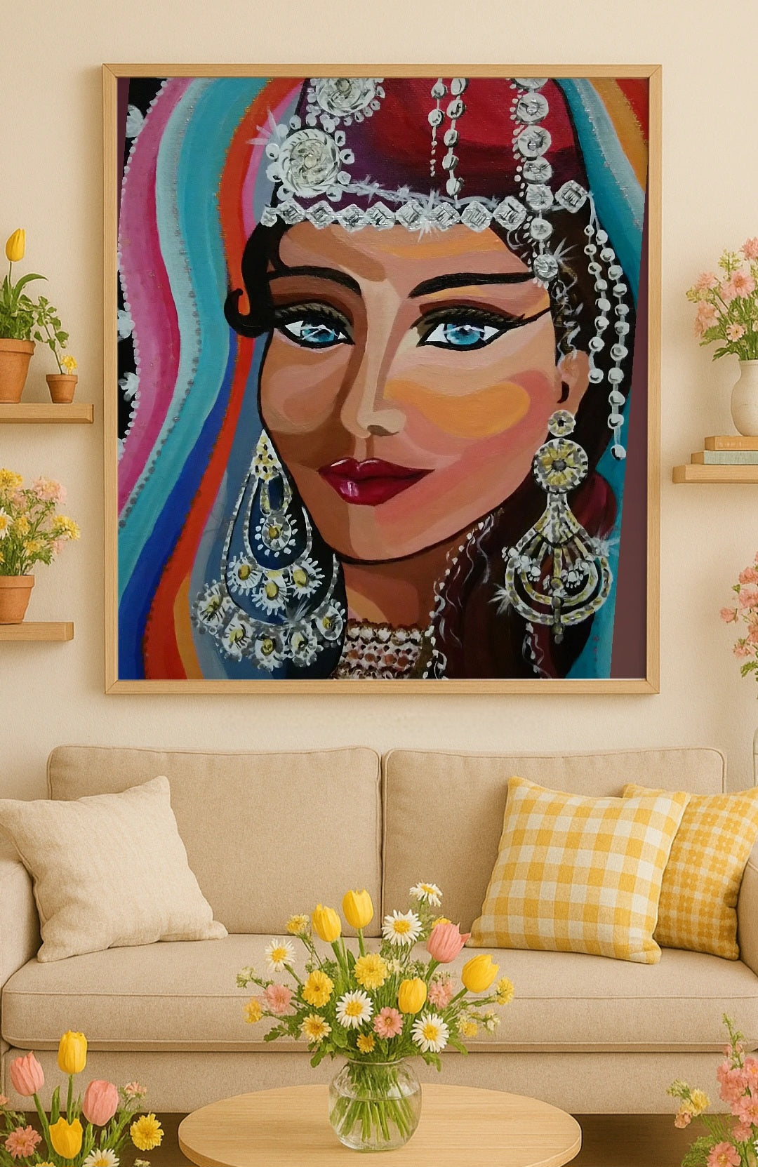 Framed artwork hanging on the wall of a bright yellow and beige sofa with pot plants around it. Original colorful artwork featuring a woman dressed in traditional Turkish costume with intricate details and bright colors. Red fez decorated with jewels and sheer fabrics. Folkdance dress. blue eyes. classic artwork for home, office, studio, art inspirations, delicate details.