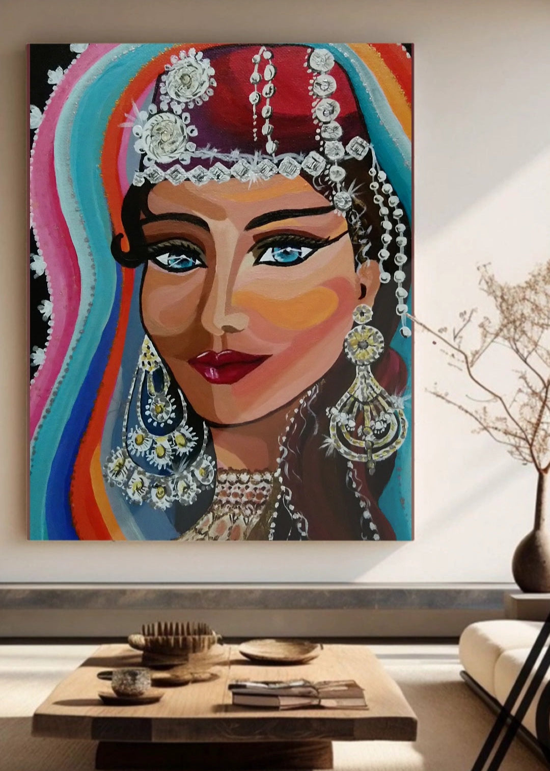 Colorful painting of a woman's face with jewelry in a modern living room.
Original colorful artwork featuring a woman dressed in traditional Turkish costume with intricate details and bright colors. Red fez decorated with jewels and sheer fabrics. Folkdance dress. blue eyes. classic artwork for home, office, studio, art inspirations, delicate details. Interior design decor.
