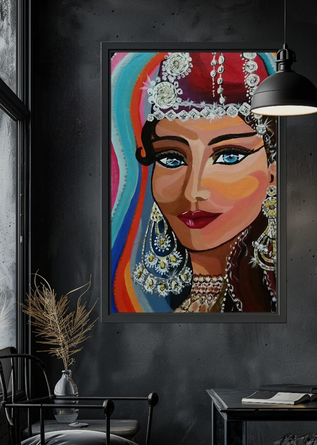 Framed artwork of an original colorful artwork featuring a woman dressed in traditional Turkish costume with intricate details and bright colors which is hanging on a dart grey wall in a study room. Her red fez decorated with jewels and sheer fabrics. Folkdance dress. blue eyes. classic artwork for home, office, studio, art inspirations, delicate details. Interior design decor.