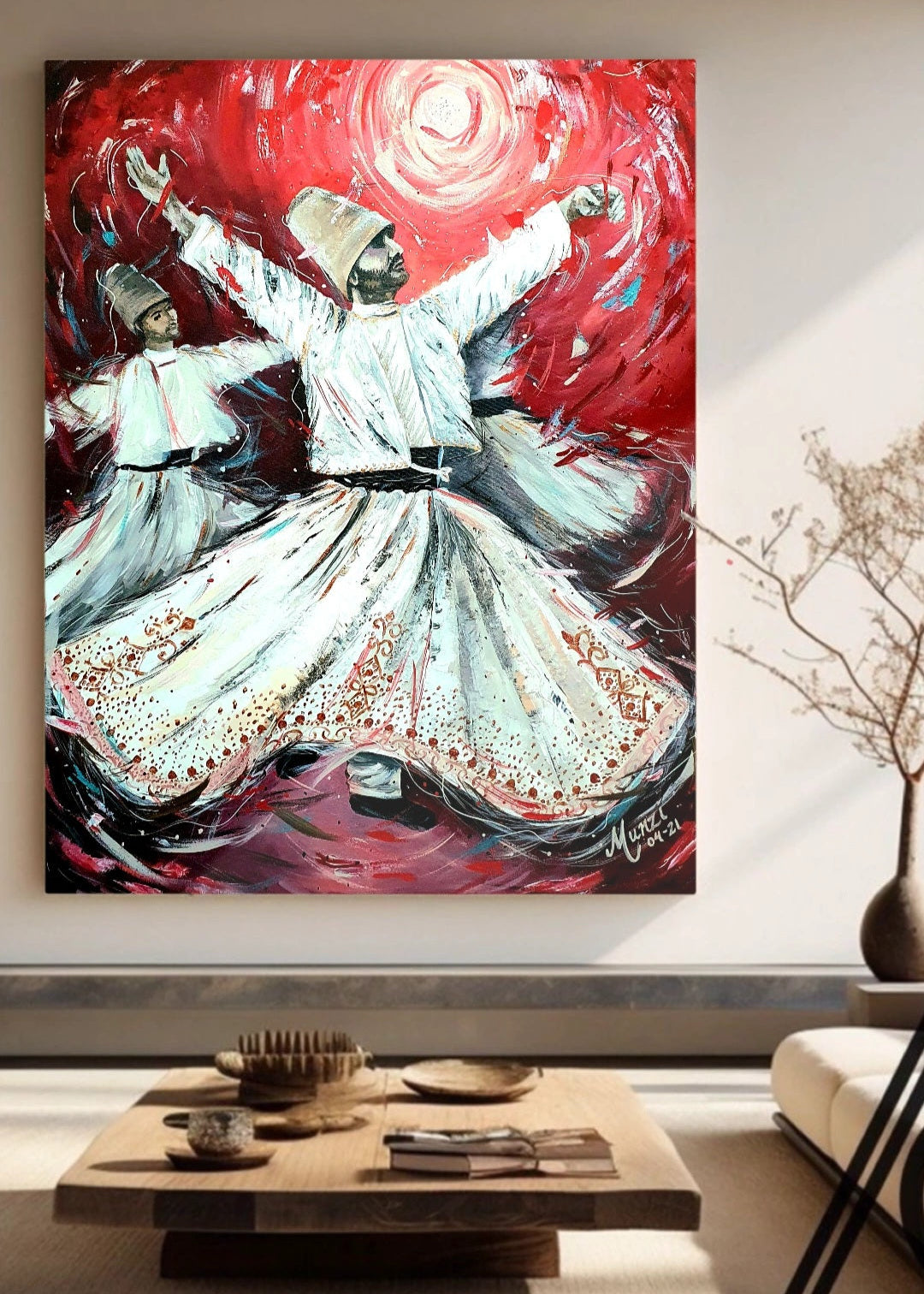 A vibrant visual artwork featuring two figures in white traditional clothing whirling against a dynamic red background, expressive of the described spiritual and artistic inspirational dance of Rumi. The whirling Dervishes spinning around in a trance like meditation. Canvas on the wall with beige coffee able and sofa.