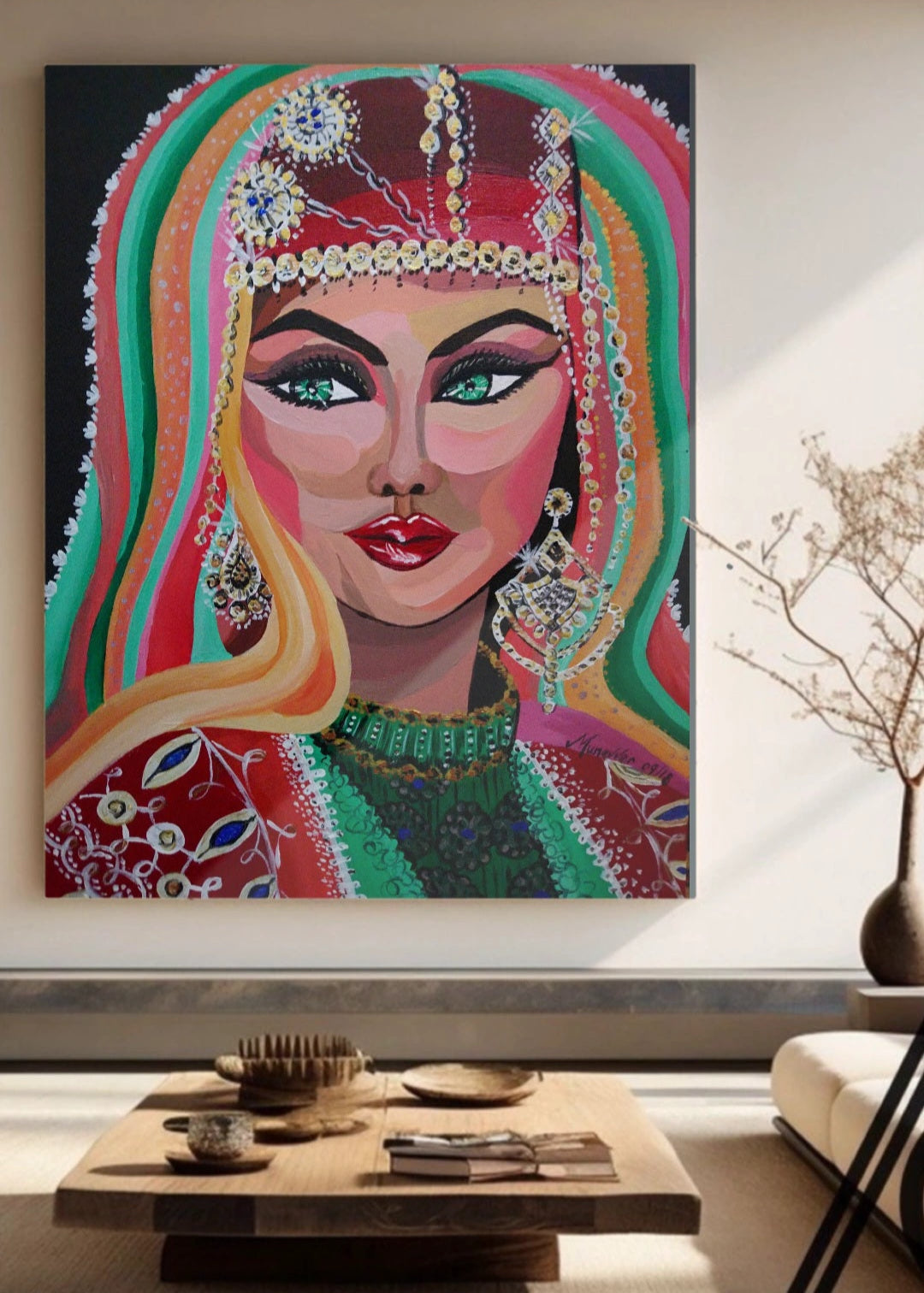 A vibrant original painting of a woman dressed in traditional Anatolian costume with intricate embellishments and jewelry. Her red fez has shining embellishments and diamonties. Art decor, wall art. Home or office decorations.