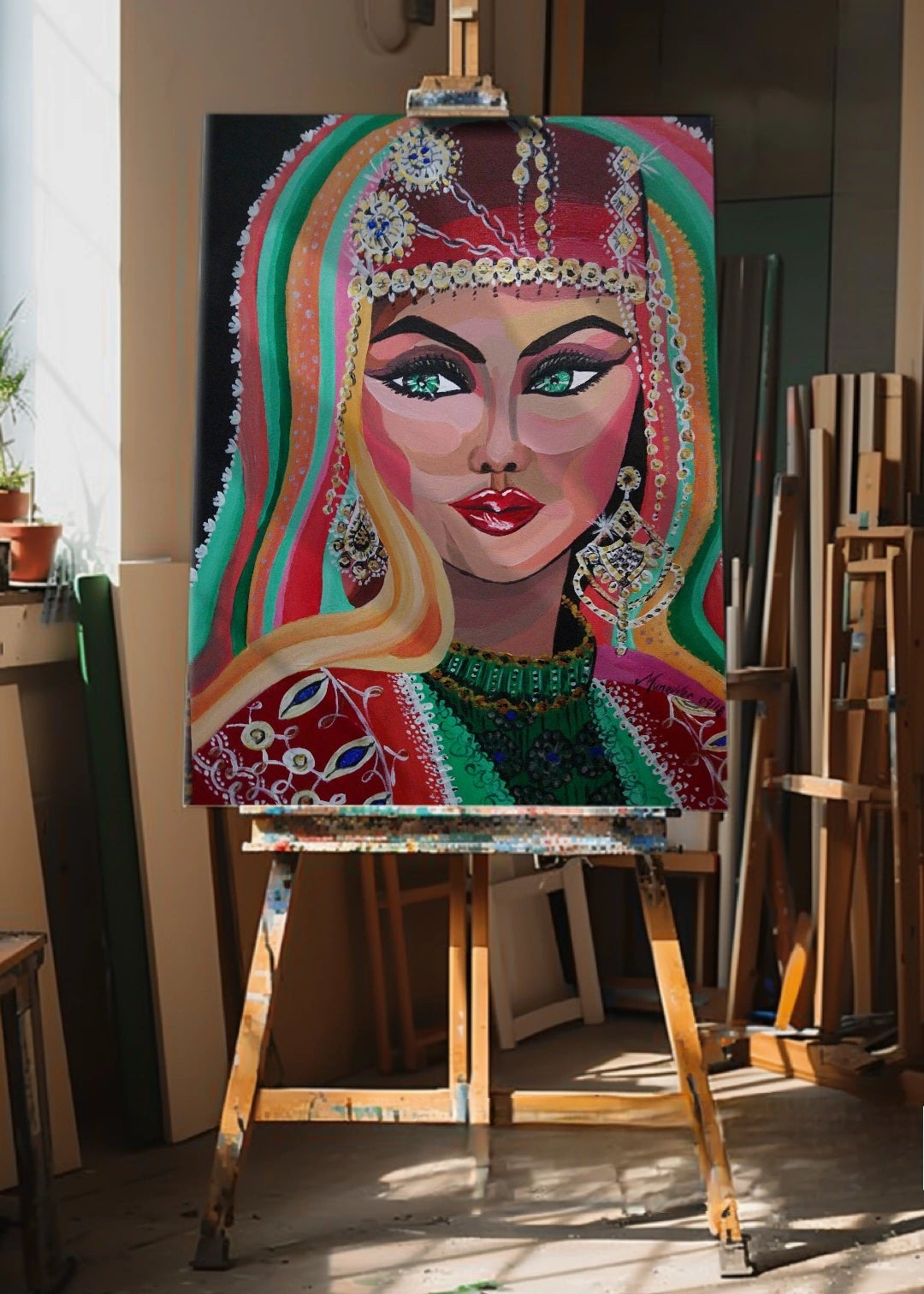 A vibrant original painting of a woman dressed in traditional Anatolian costume with intricate embellishments and jewelry set in an artist's studio where the canvas is sitting on an easel  Her red fez has shining embellishments and diamonties. Art decor, wall art
