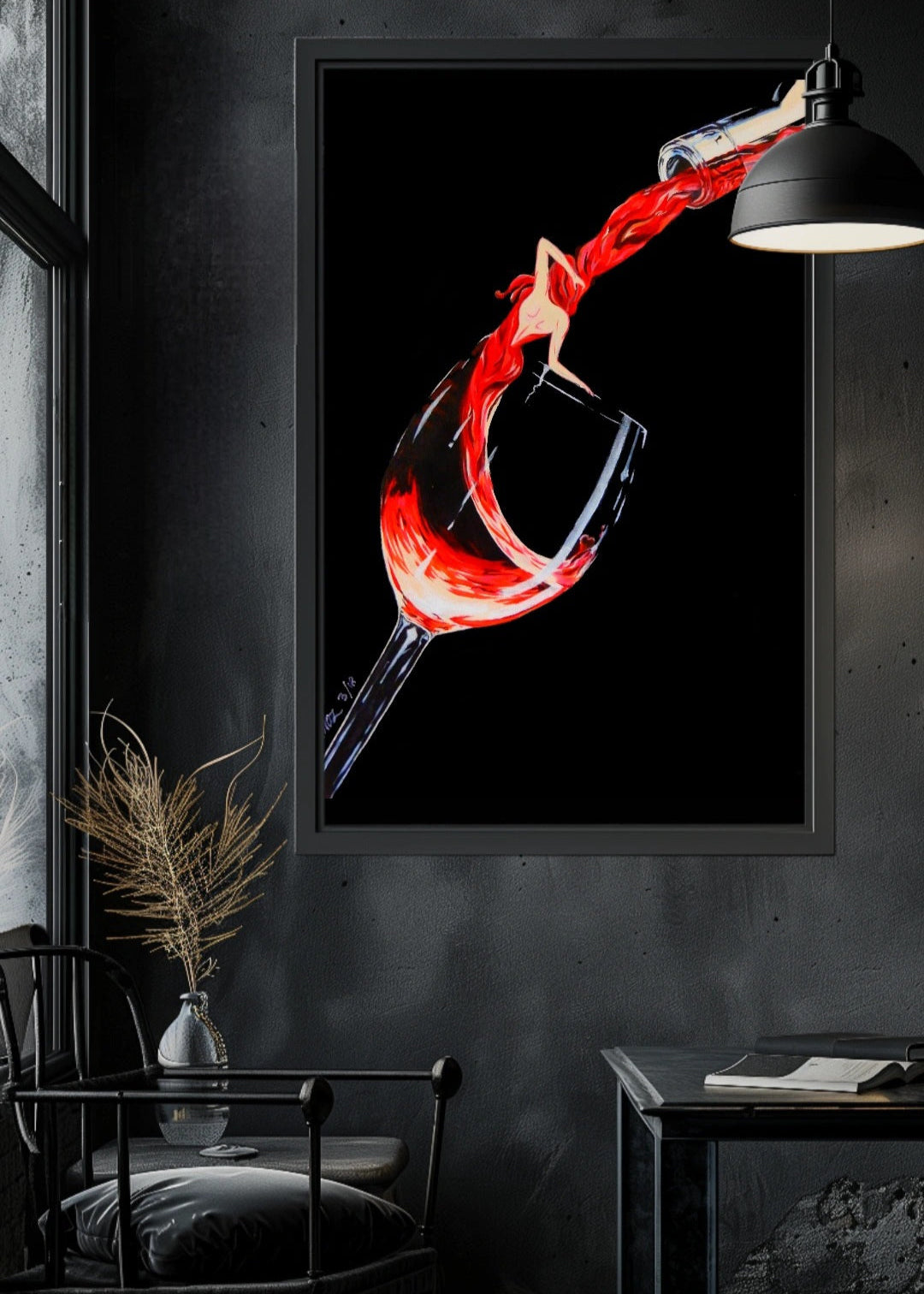 Framed artwork of a wine glass with red liquid on a dark wall. An original artwork showing red wine pouring into a wine glass, as the wine swirls around a womans figure appears. Modern art, decor. Contemporary artwork.