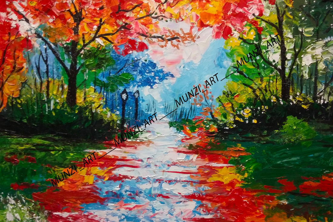 An original abstract painting of red, blue trees lining a pathway lit up by organic street lamps. Bold pallet knife and brush strokes. Home decor. Wall art and art collectors.