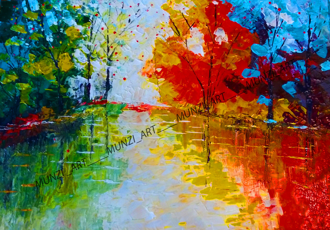 An abstract painting of red, blue trees lining a body of water with the reflections shining through. Bold pallet knife and brush strokes. Home decor. Wall art and art collectors.