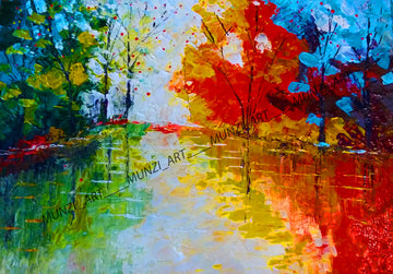 An abstract painting of red, blue trees lining a body of water with the reflections shining through. Bold pallet knife and brush strokes. Home decor. Wall art and art collectors.