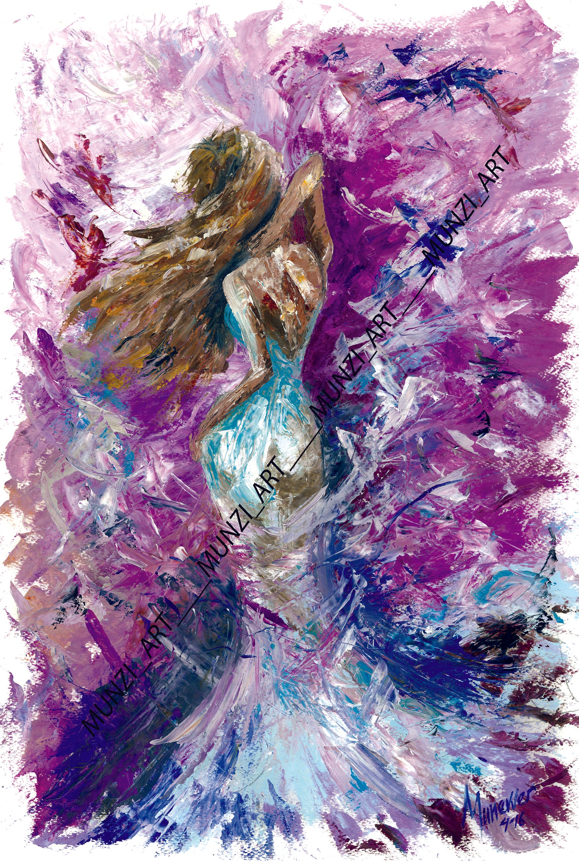 An abstract artwork featuring a women wearing an blue, white dress with an open back. Swirling purples and cool tones with violet palette knife strokes and impasto technique. Home decor and wall artwork.