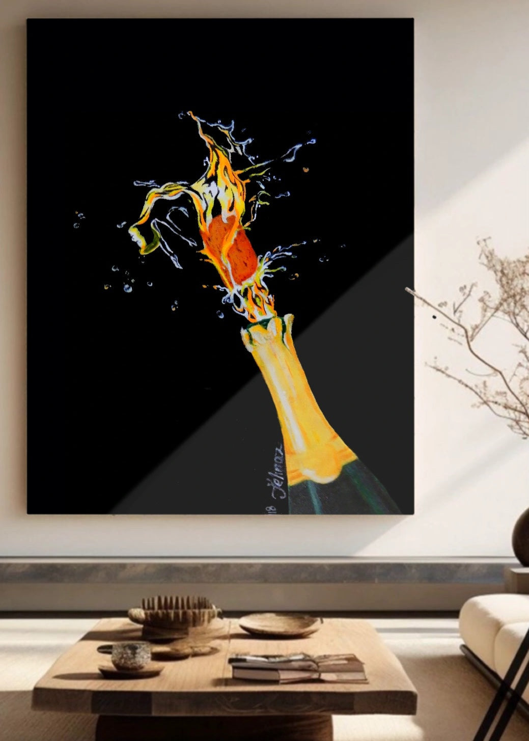 Abstract painting of a colorful bottle on a black background in a modern interior setting. Original artwork of a champagne pottle popping the cork and golden hues of champagne coming out which then takes the shape of a female form diving through with champagne. Art decor wall art. Modern decorations.